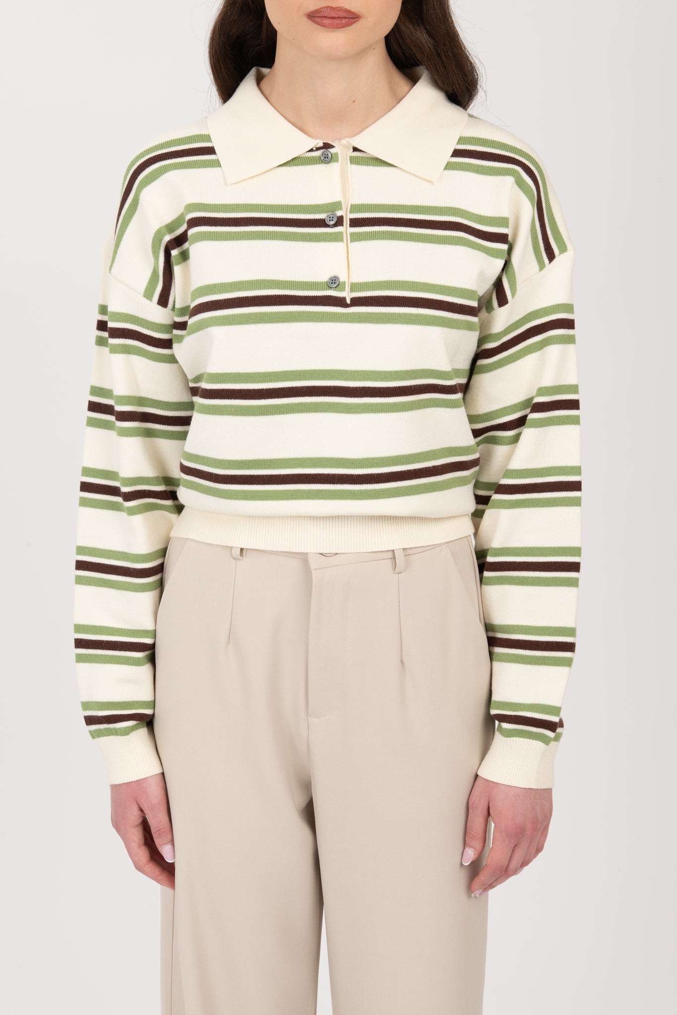 Maglione polo righe Cacao e Verde Base Panna