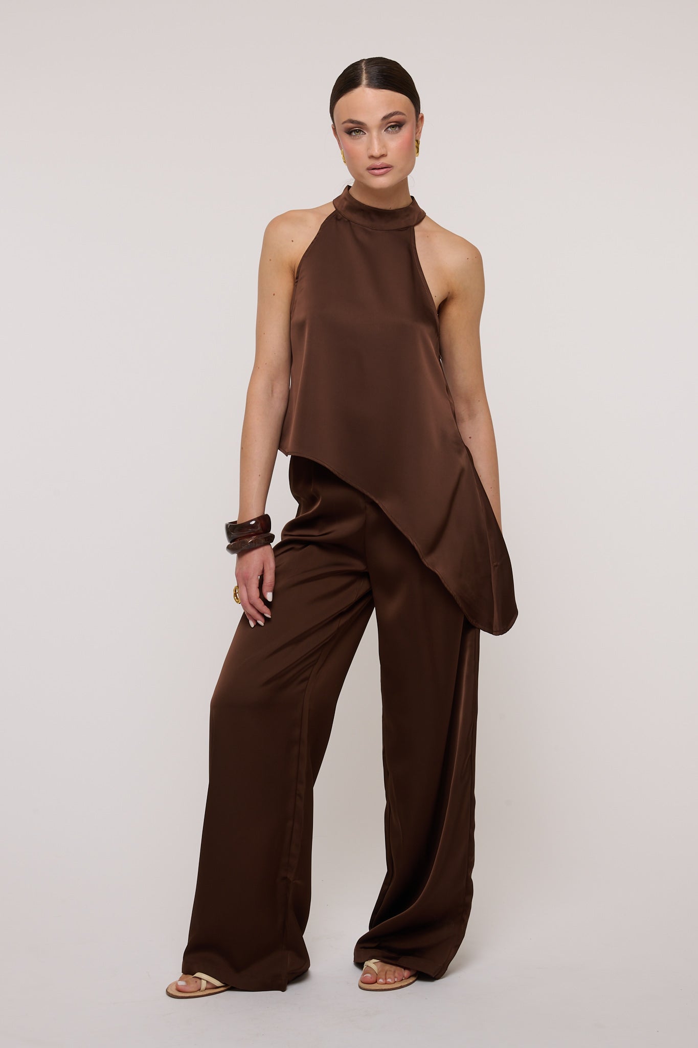 Coordinato ‘SATIN’ blusa+pantalone Cacao