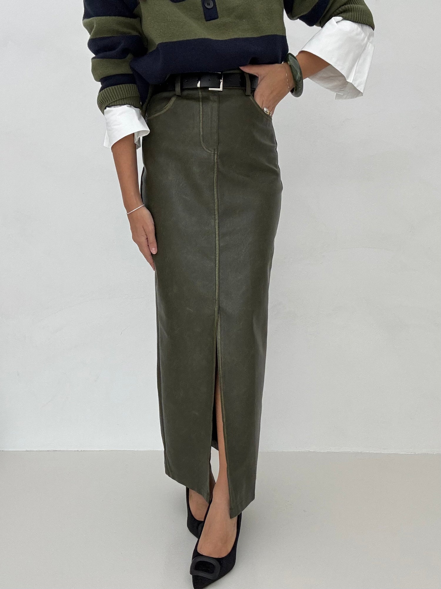 Gonna ‘LONGUETTE ECOPELLE’ Verde Militare