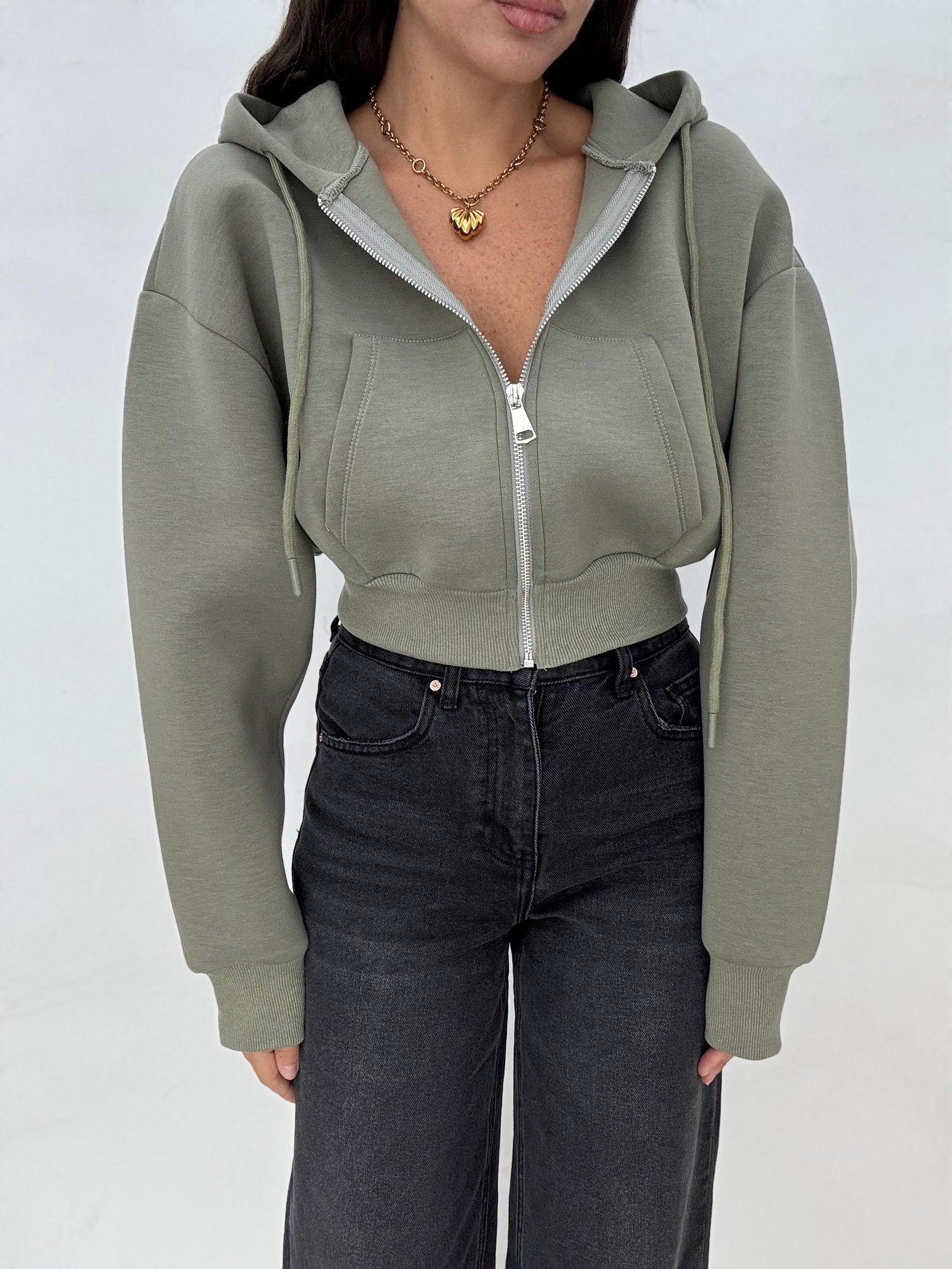 Felpa crop con cappuccio Verde Militare