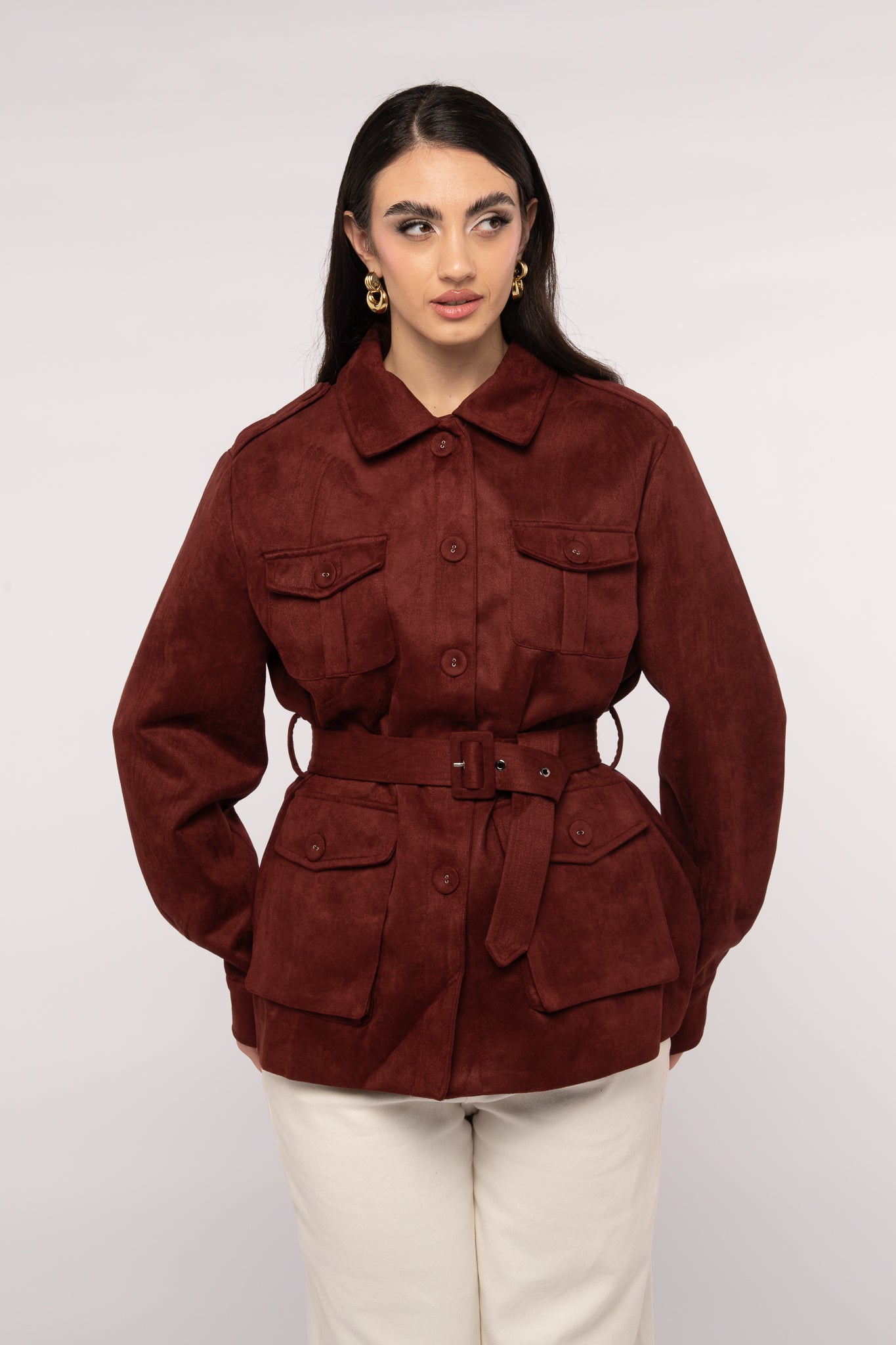 Giacca ‘ECO-CAMOSCIO’ con tasconi e cintura Bordeaux