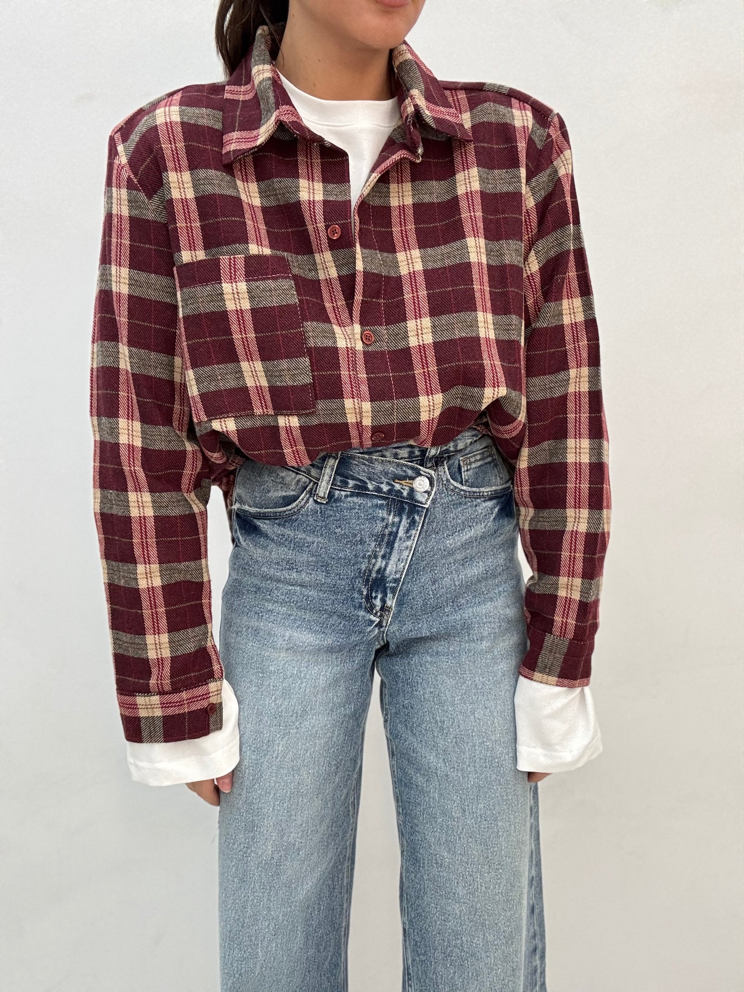 Camicia ‘QUADRI 15% LANA’ base BORDEAUX