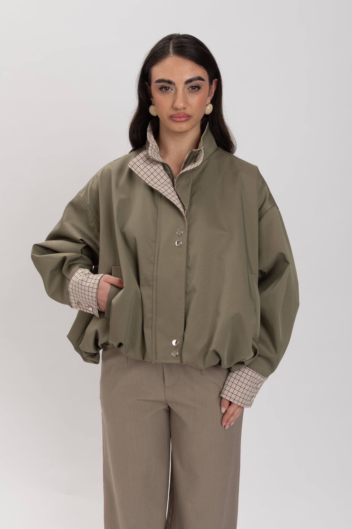 Bomber ‘COLLO ALTO DETTAGLI TARTAN’ Verde Militare