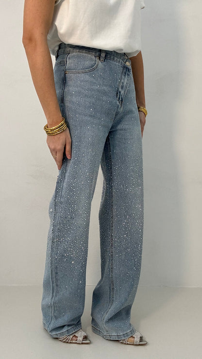 Jeans strass ‘BOTTONE ASIMMETRICO’ Denim Chiaro