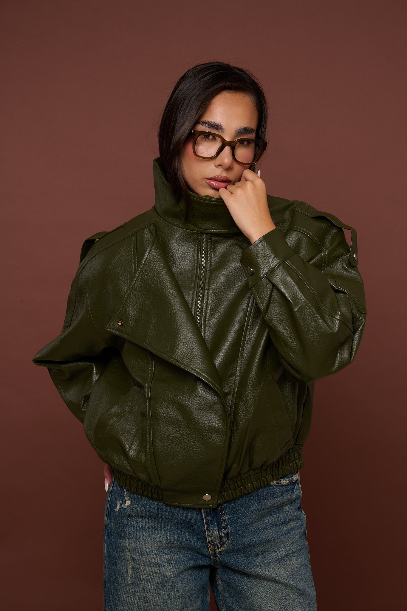 Chiodo/Bomber ‘COLLO ALTO’ ecopelle Verde Militare