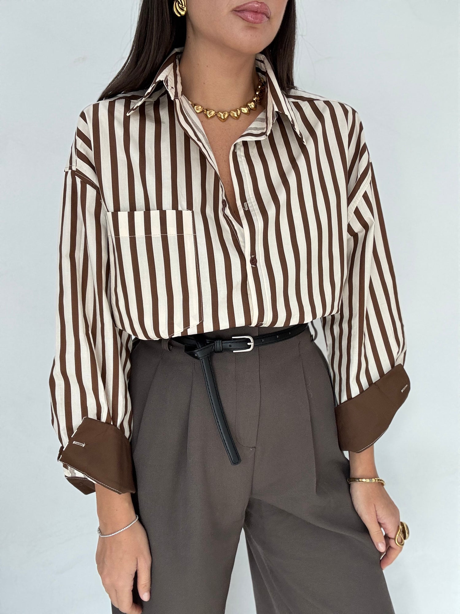 Camicia ‘100% COTONE’ Righe Beige e Cacao