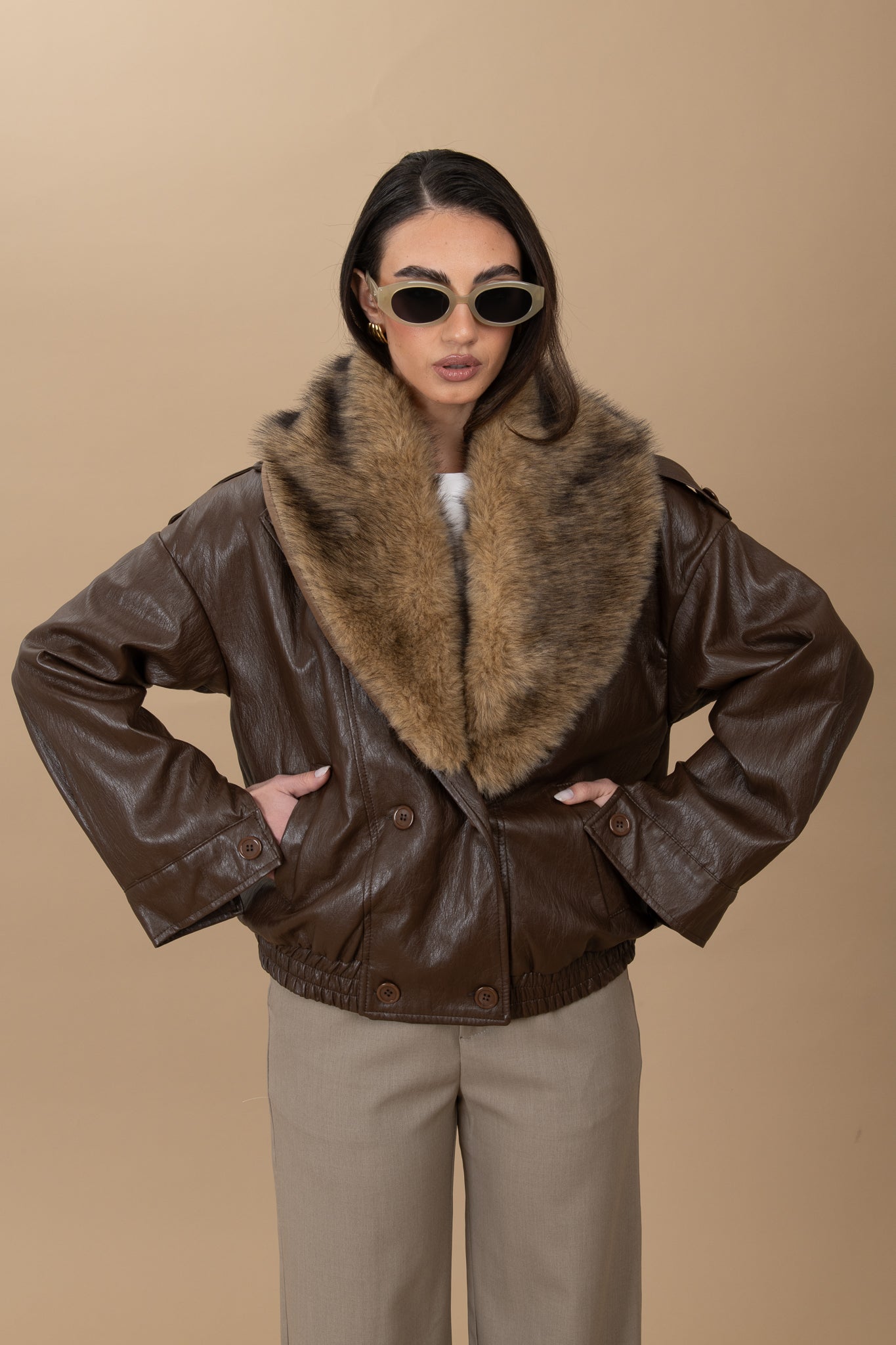 Bomber ecopelle ‘COLLO ECO-PELLICCIA’ Cacao