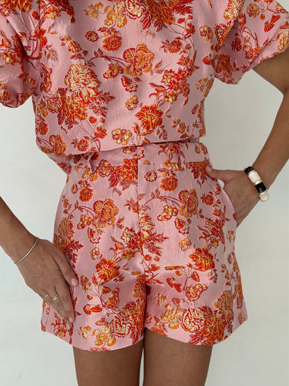 Pantaloncino ‘DRAGON’ Base Rosa fiori Arancio