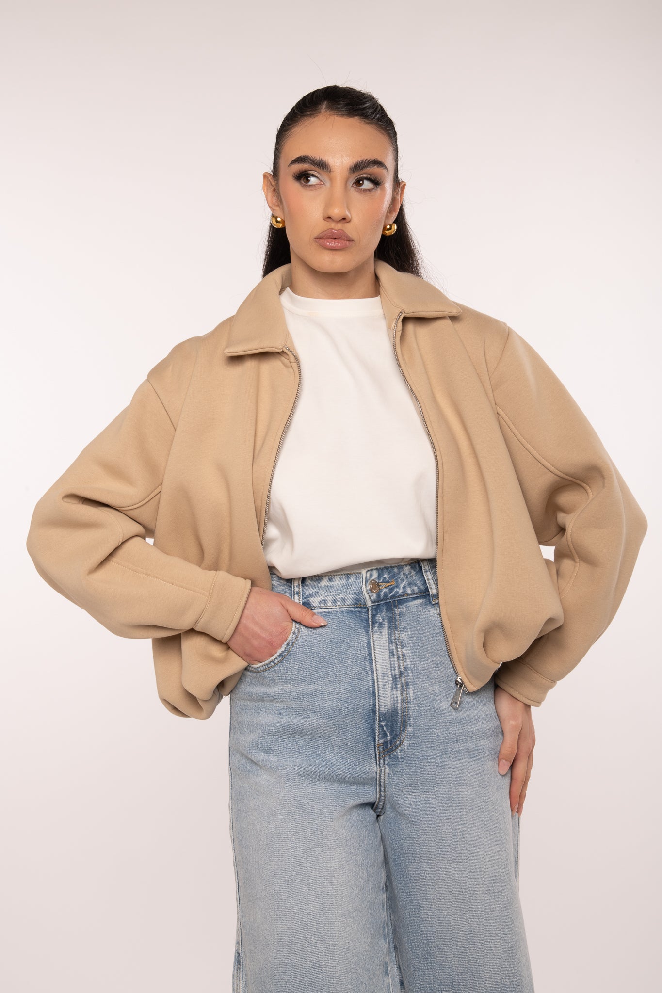 Bomber/Felpa ‘PILE INTERNO’ con zip Beige