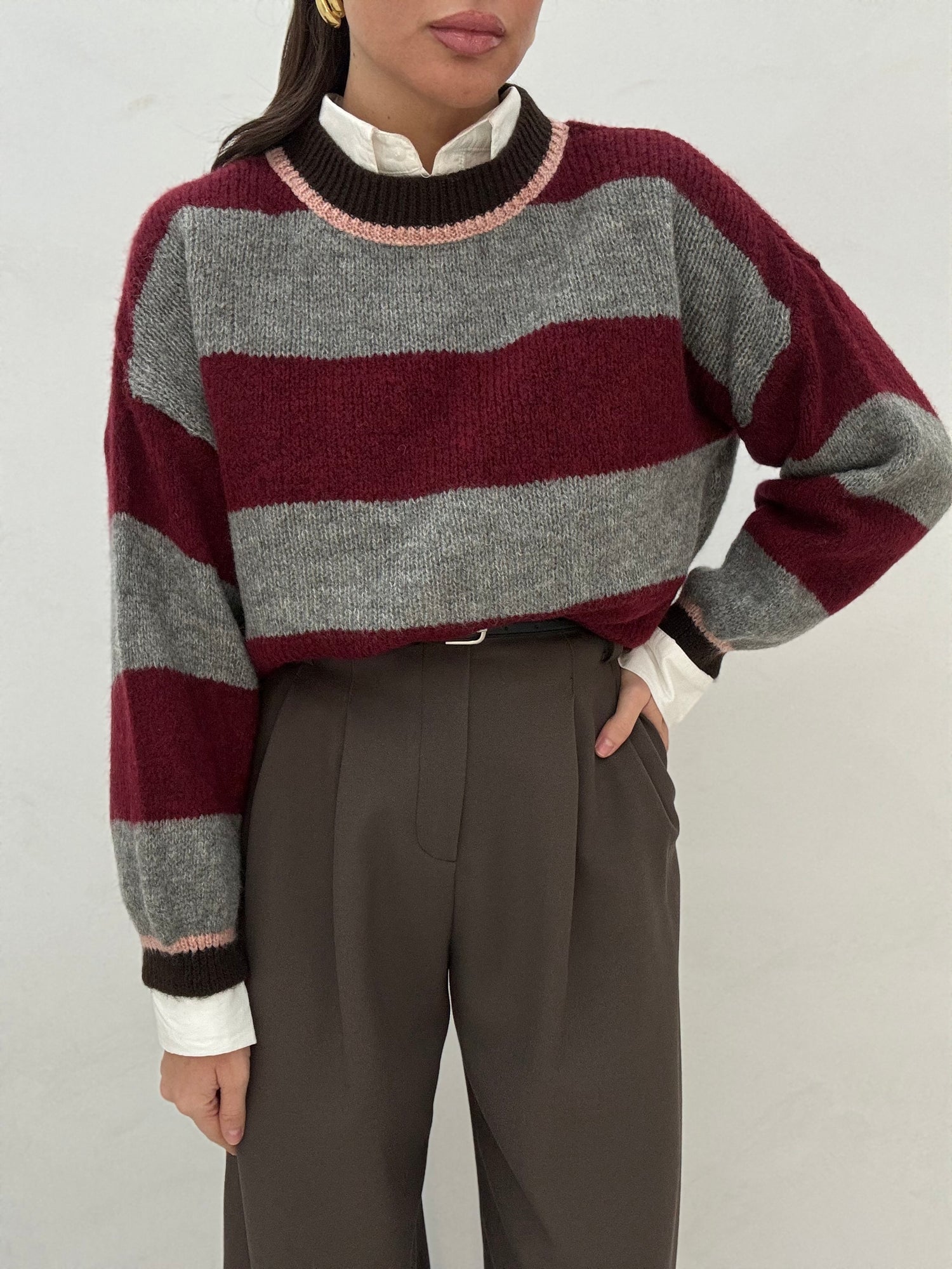 Maglione ‘6% ALPACA’ righe Bordeaux e Grigio