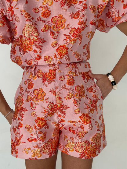Pantaloncino ‘DRAGON’ Base Rosa fiori Arancio