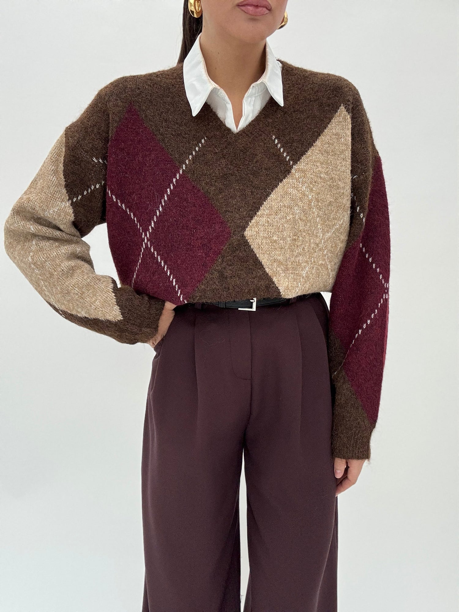 Maglione ‘ROMBI SCOLLO A V’ 8%LANA Base Cacao