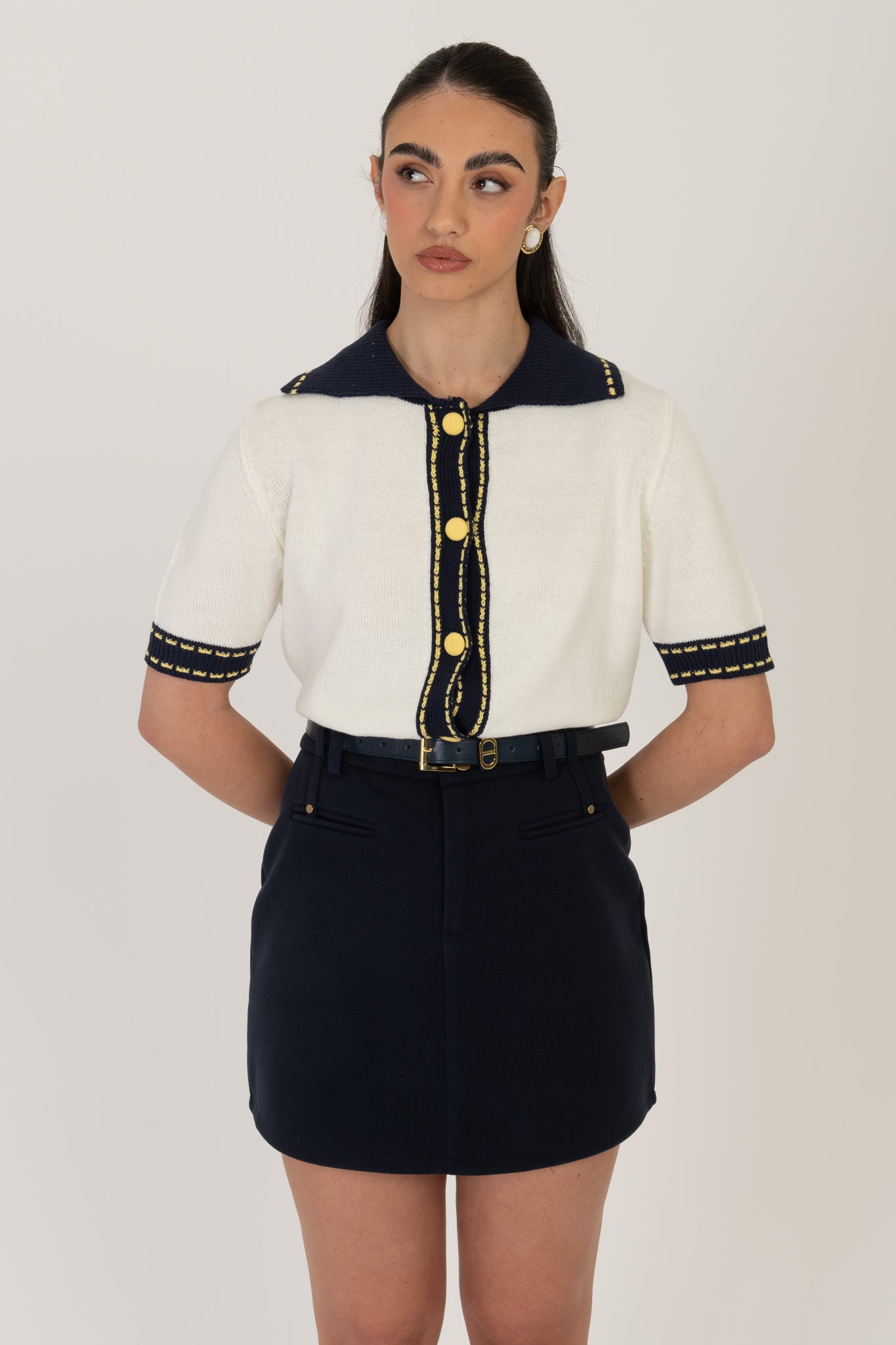 Maglione/Polo ‘BOTTONI RIVESTITI’ Panna e Blu