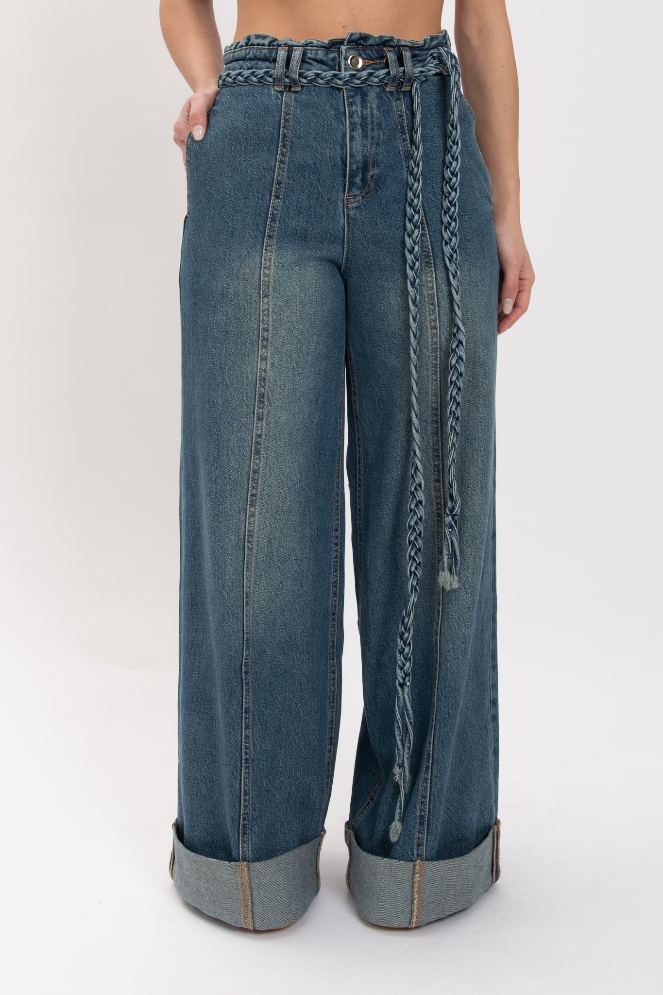 Jeans Palazzo ‘CON CINTURA TRECCIA’ Denim Scuro