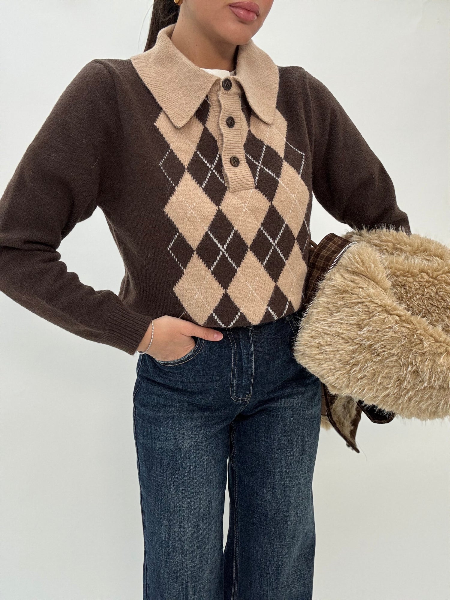 Maglione/Polo ‘OXFORD’ con rombi Cacao e Beige