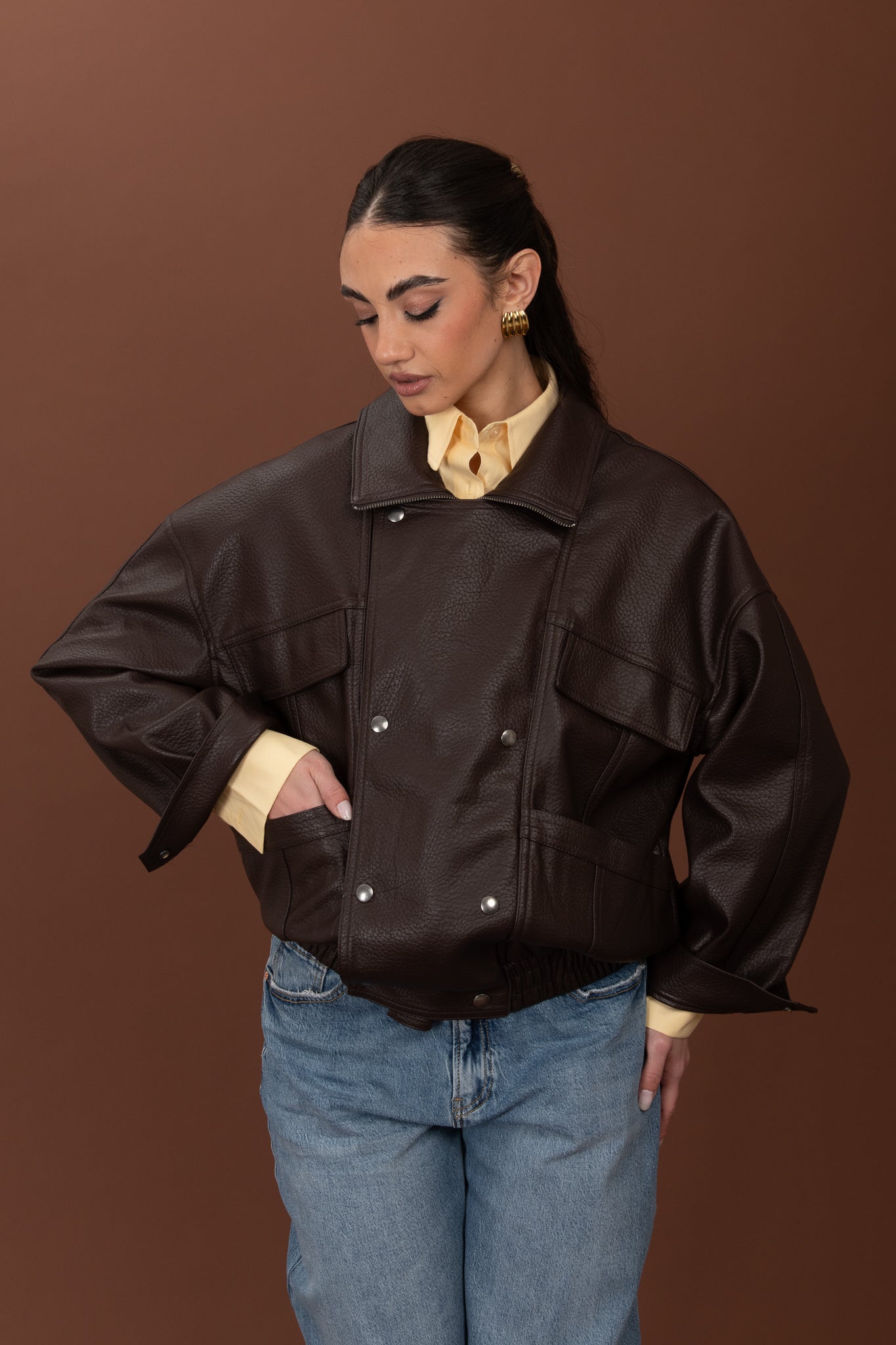 Chiodo ecopelle ‘DOPPIO PETTO’ Cacao