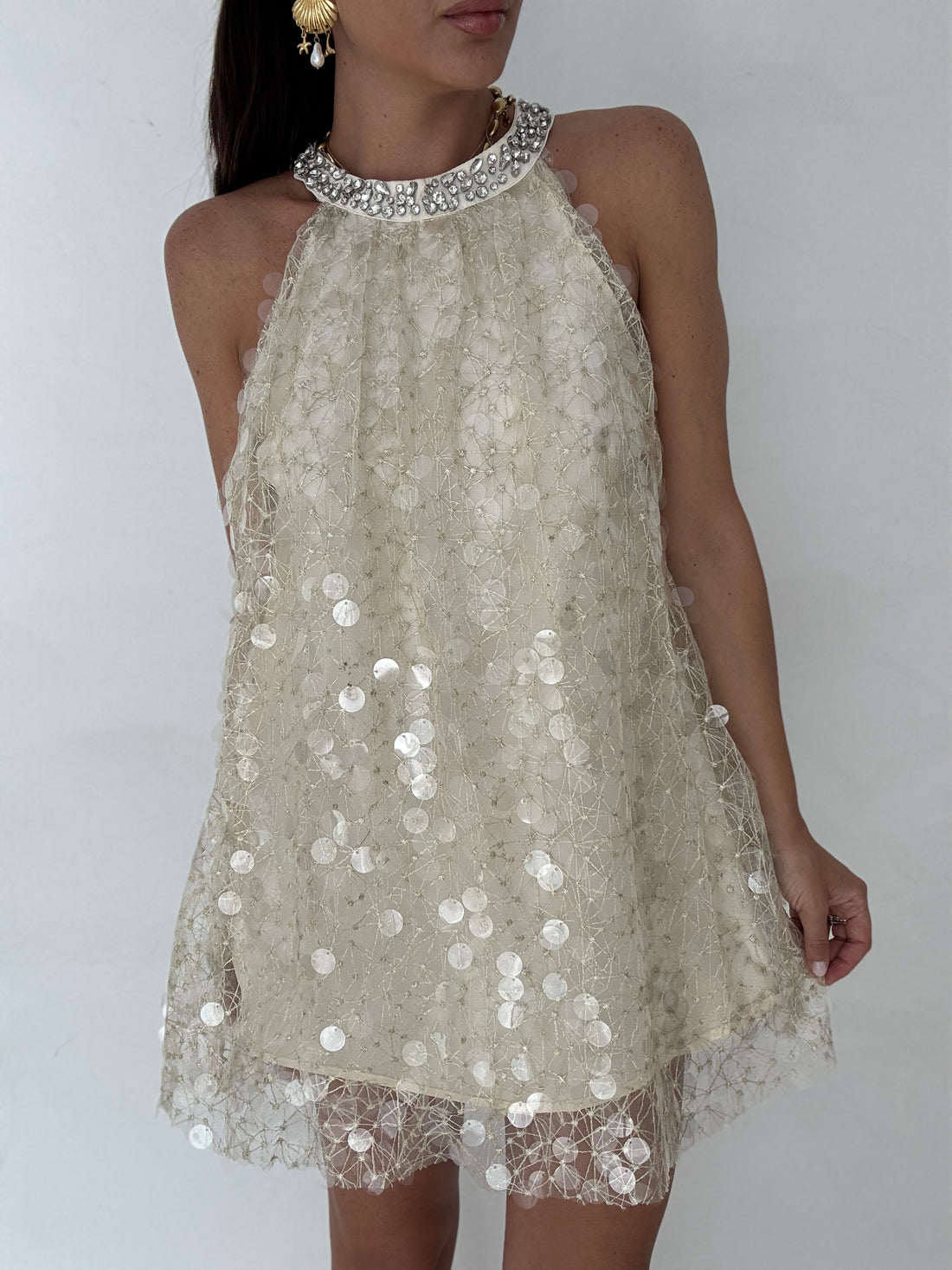 Abito ‘GIROCOLLO STRASS E PAILLETTES’ Burro