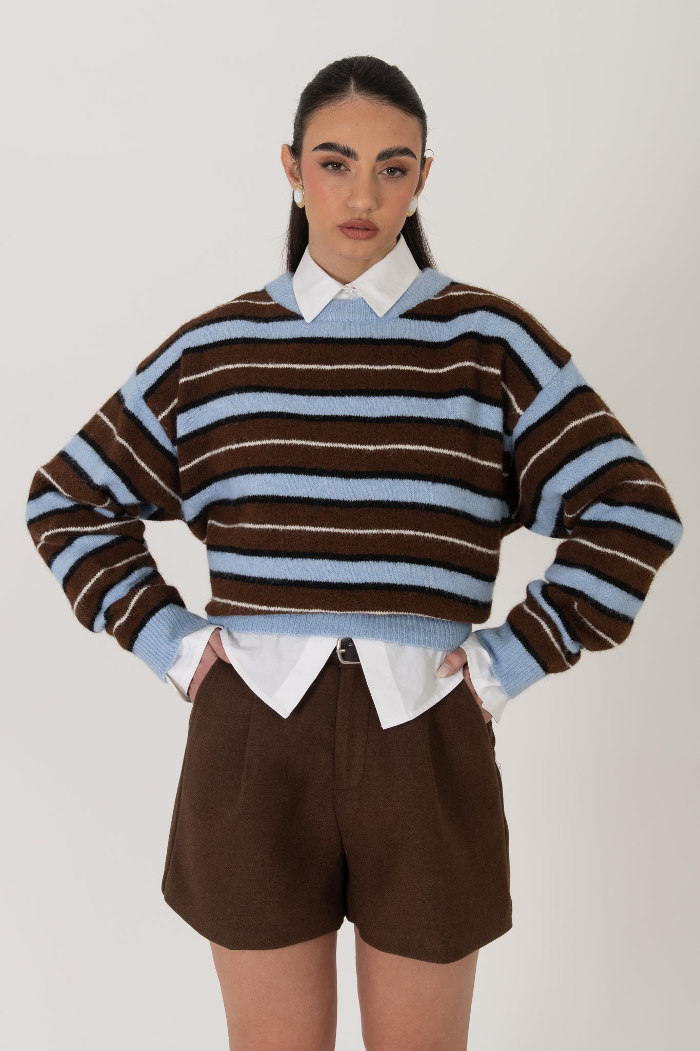 Maglione ‘RIGHE’ 10%LANA Azzurro e Cacao