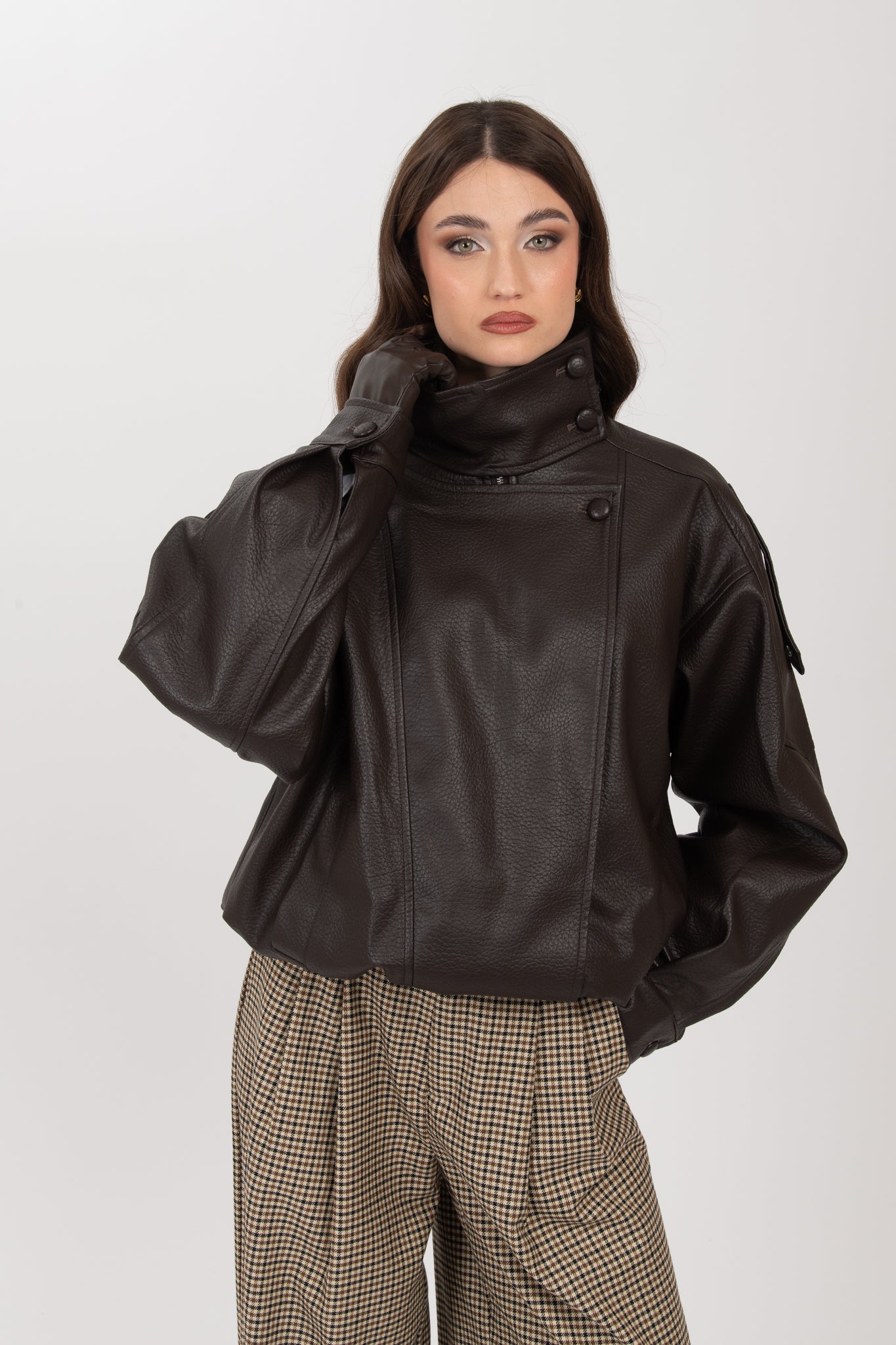 Chiodo/Bomber ‘COLLO ALTO’ ecopelle Cacao