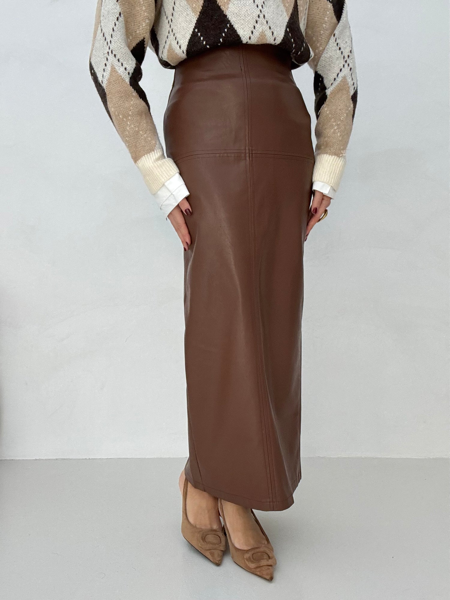 Gonna ‘CUCITURE’ in ecopelle Camel