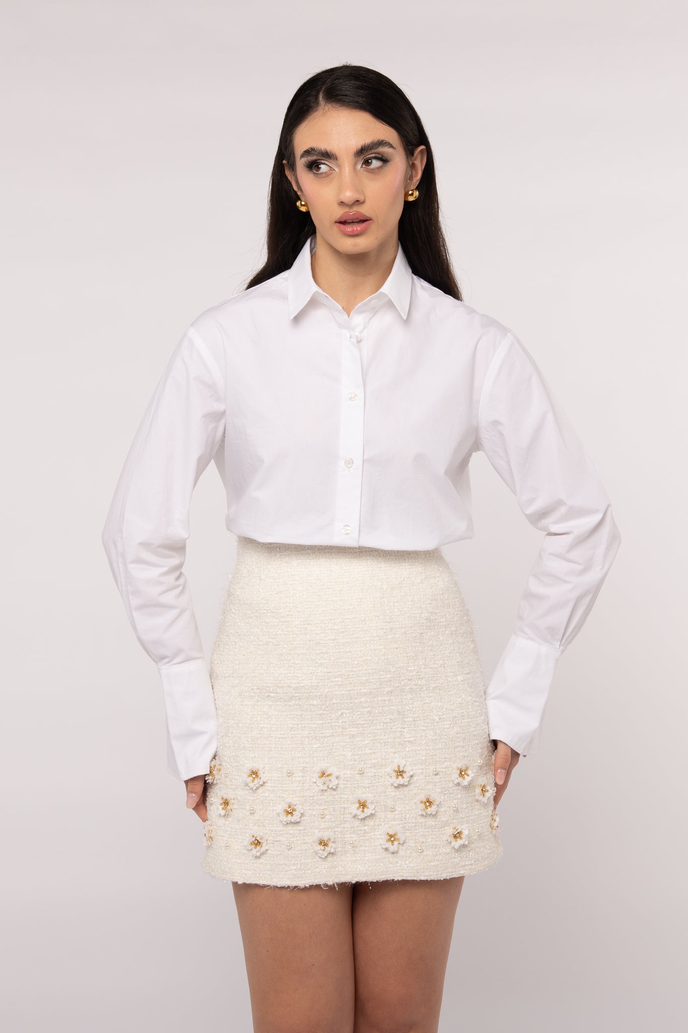 Gonna ‘IN TWEED’ con applicazioni floreali Bianco