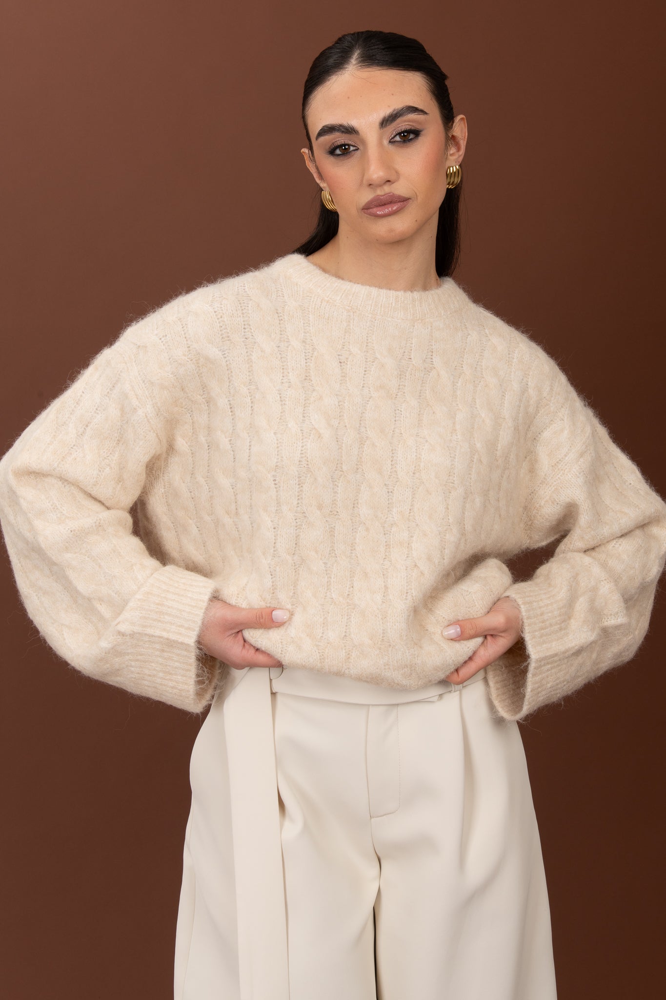 Maglione ‘TRECCE’ 7%lana Panna