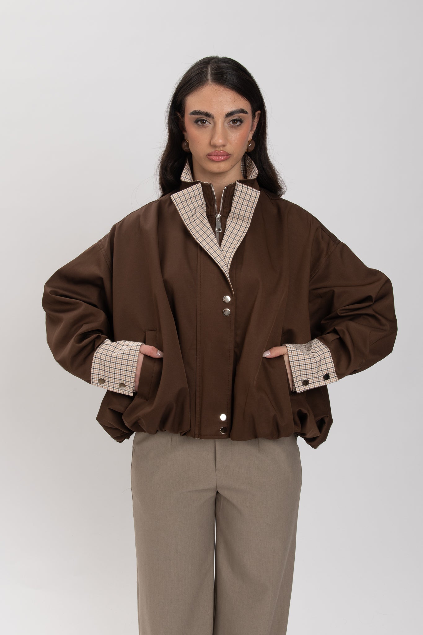 Bomber ‘COLLO ALTO DETTAGLI TARTAN’ Cacao