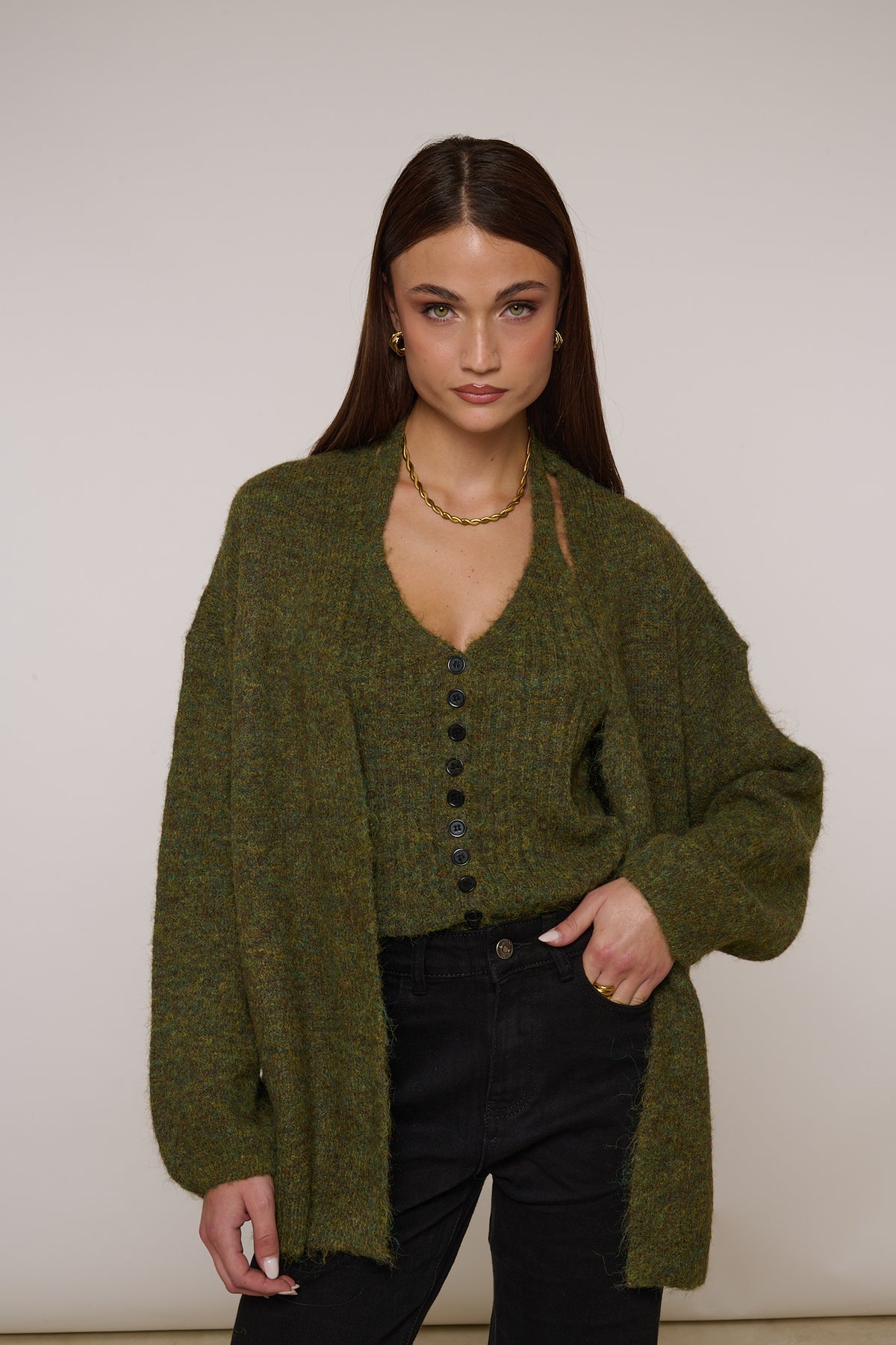 Cardigan+Top Bottoncini Verde Militare