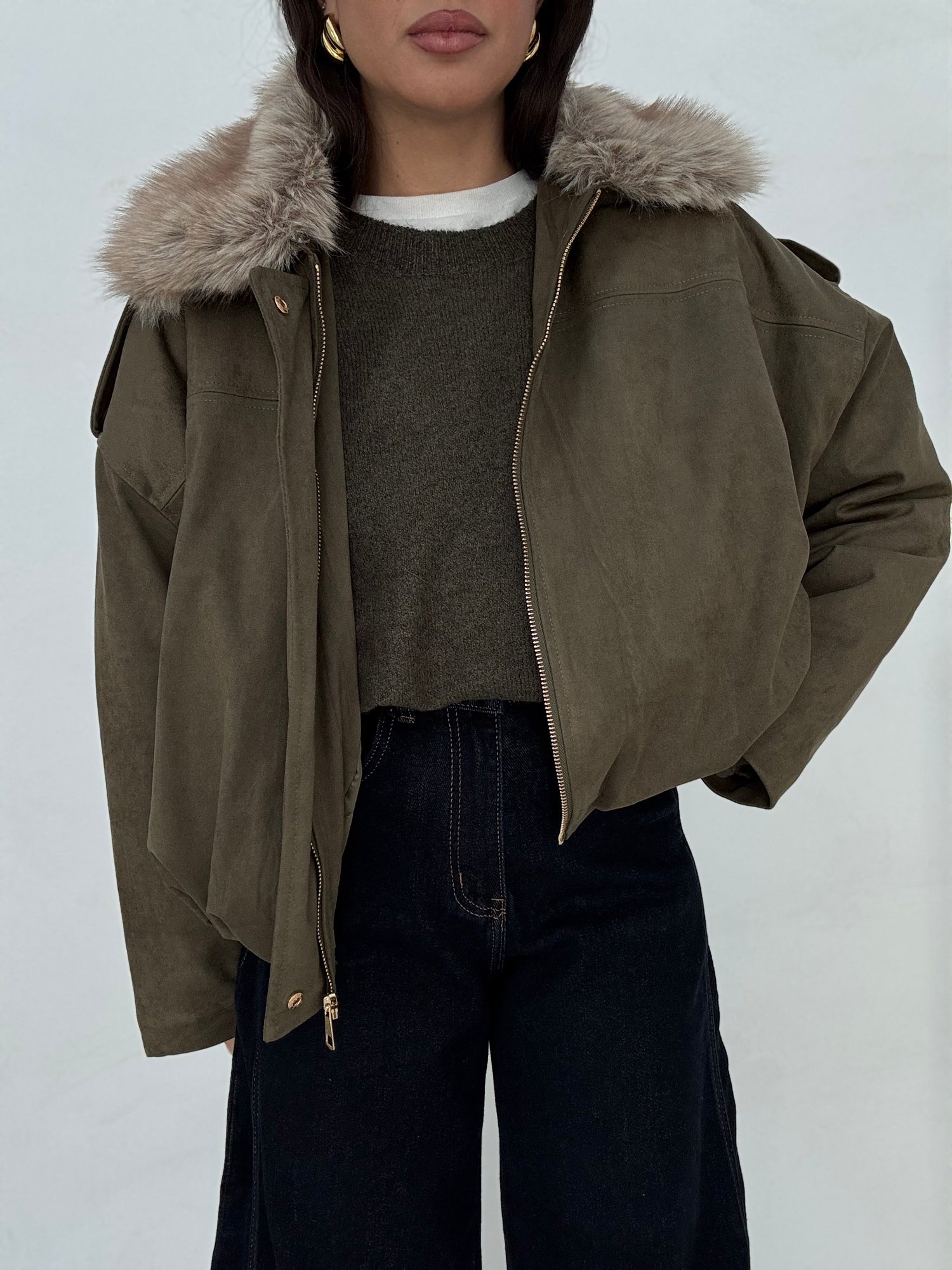 Bomber ‘COLLETTO SUEDE E ECO PELLICCIA’ Verde Militare