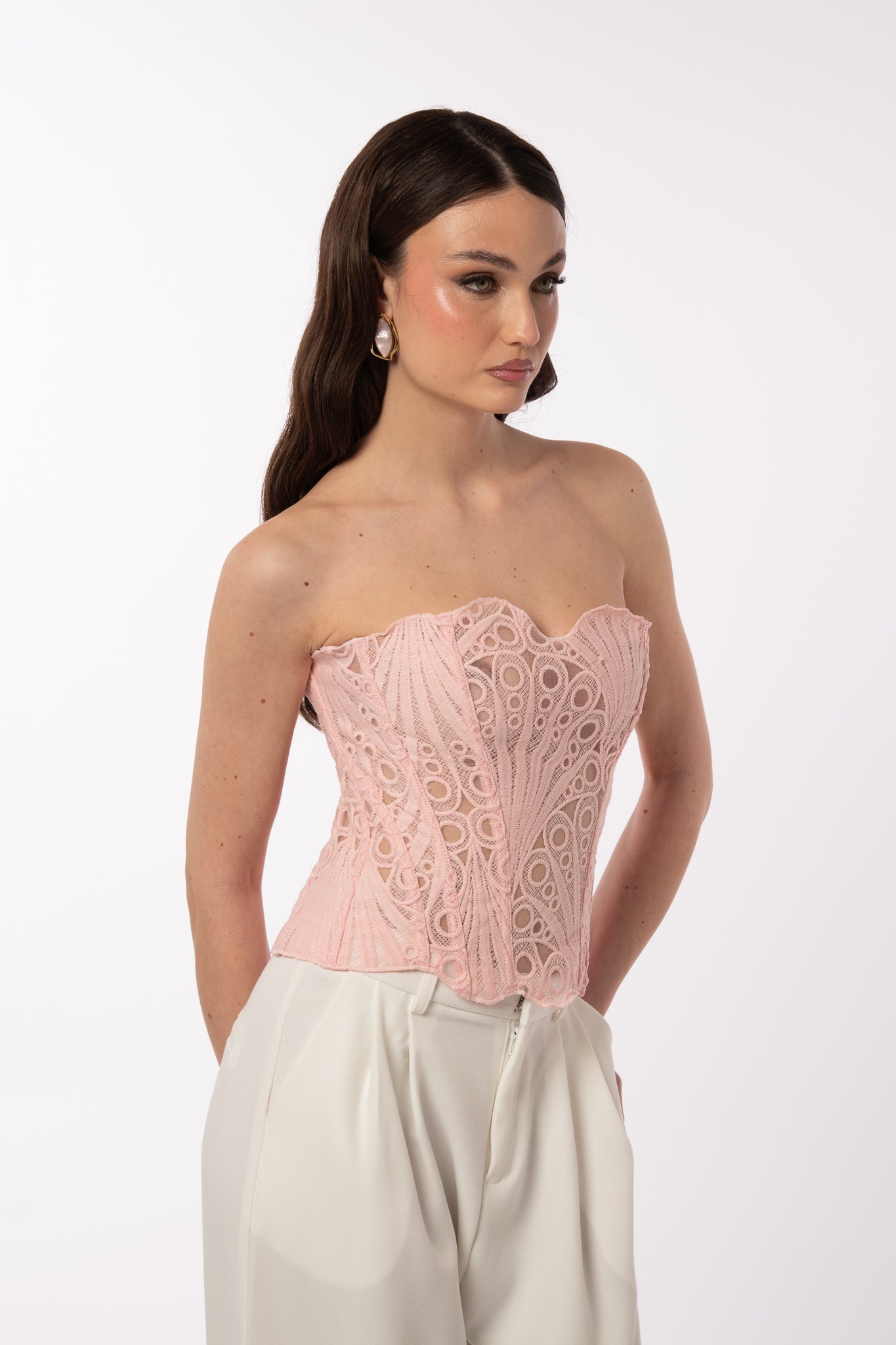 Corpetto ‘RICAMI’ con stringhe Rosa