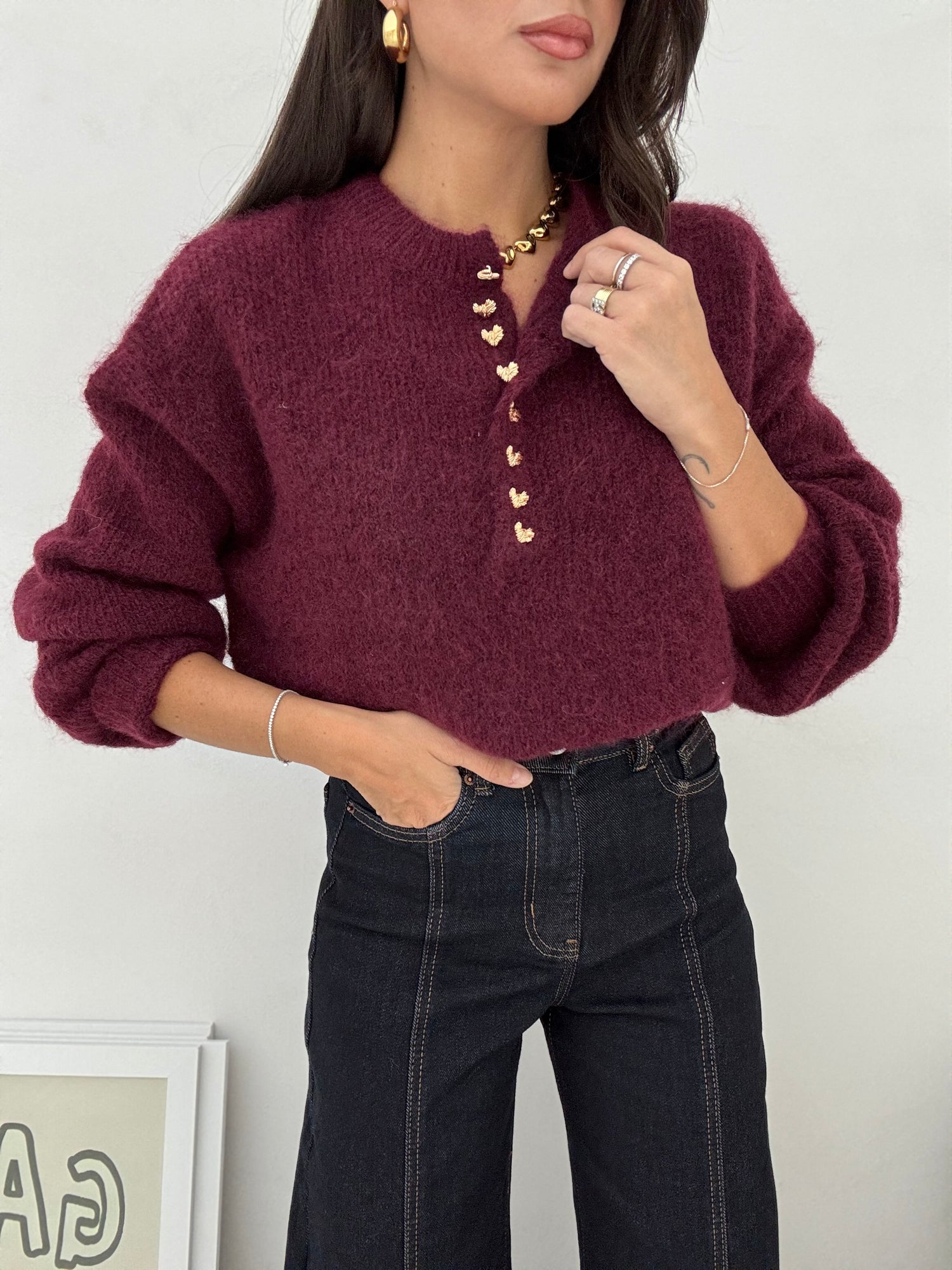 Maglione ‘BOTTONI MINI CUORE’ Bordeaux