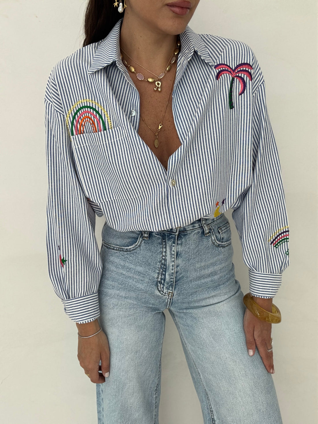 Camicia 100%cotone ‘RICAMI’ righe Azzurra