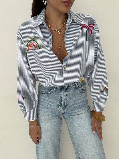 Camicia 100%cotone ‘RICAMI’ righe Azzurra