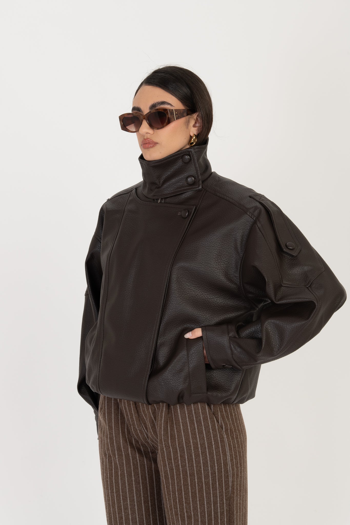 Chiodo/Bomber ‘COLLO ALTO’ ecopelle Cacao