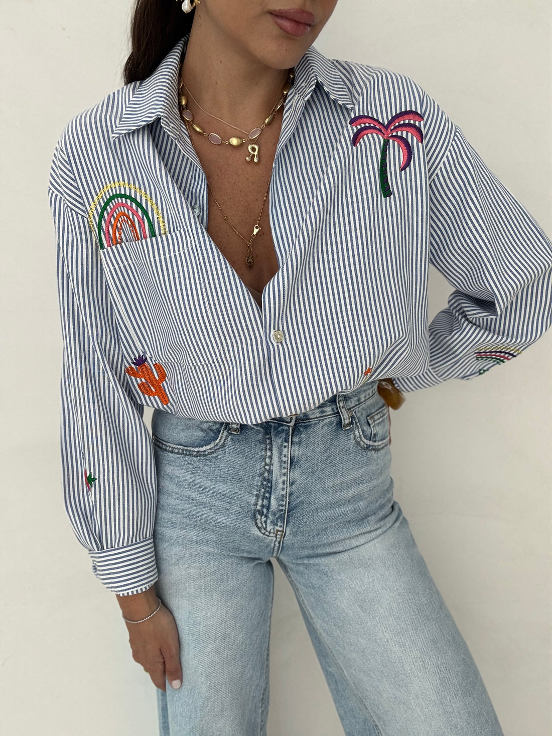 Camicia 100%cotone ‘RICAMI’ righe Azzurra