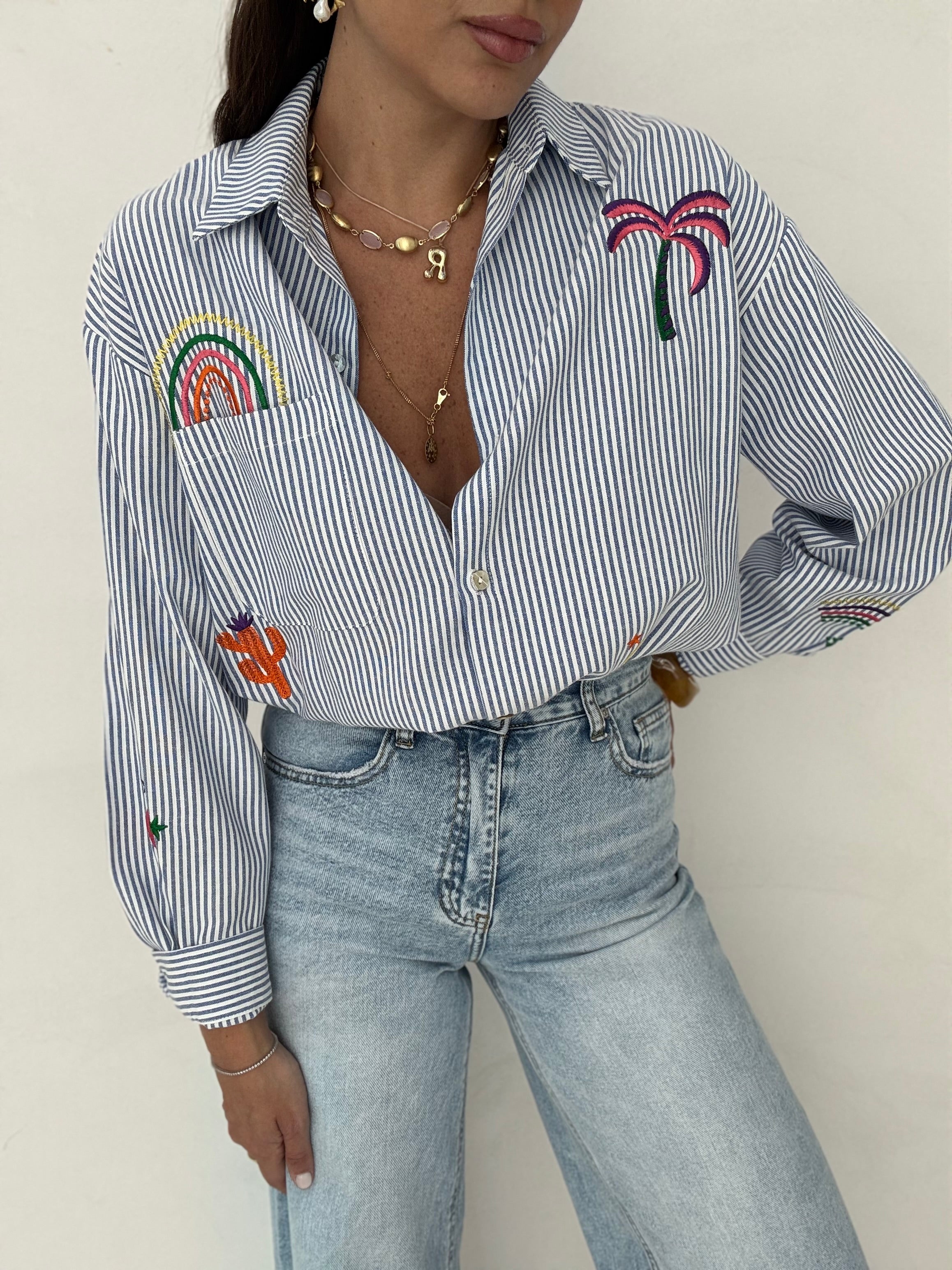 Camicia 100%cotone ‘RICAMI’ righe Azzurra