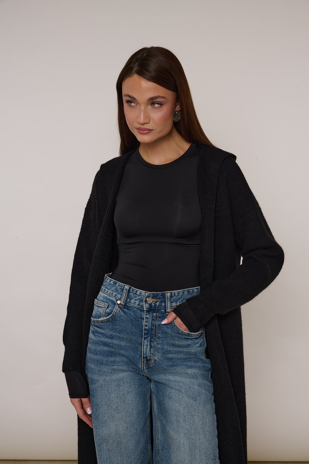 Cardigan ‘LUNGO’ con cappuccio e cintura Nero