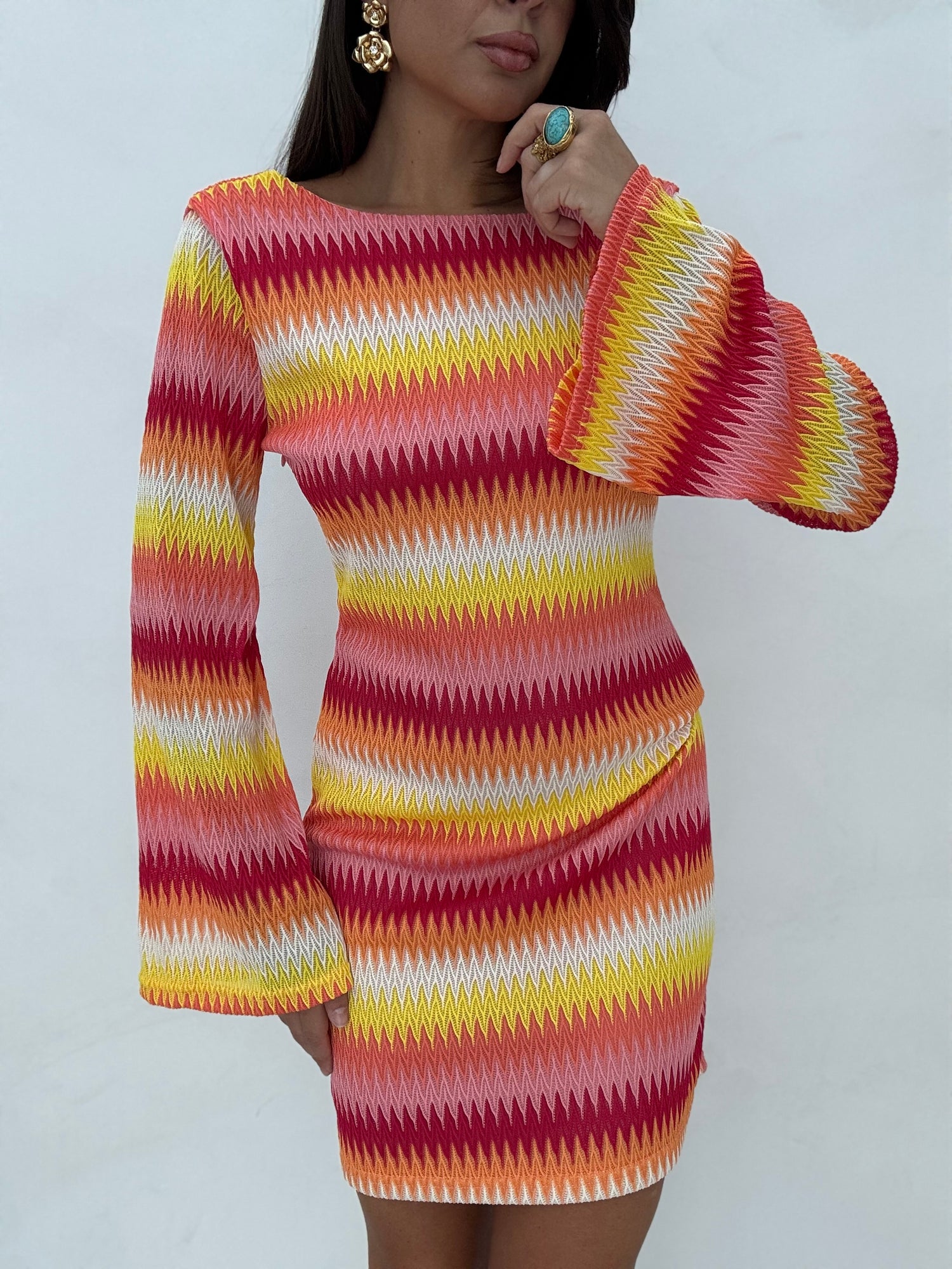 Abito ‘ZIG ZAG’ scollo sul retro Fucsia e Arancio