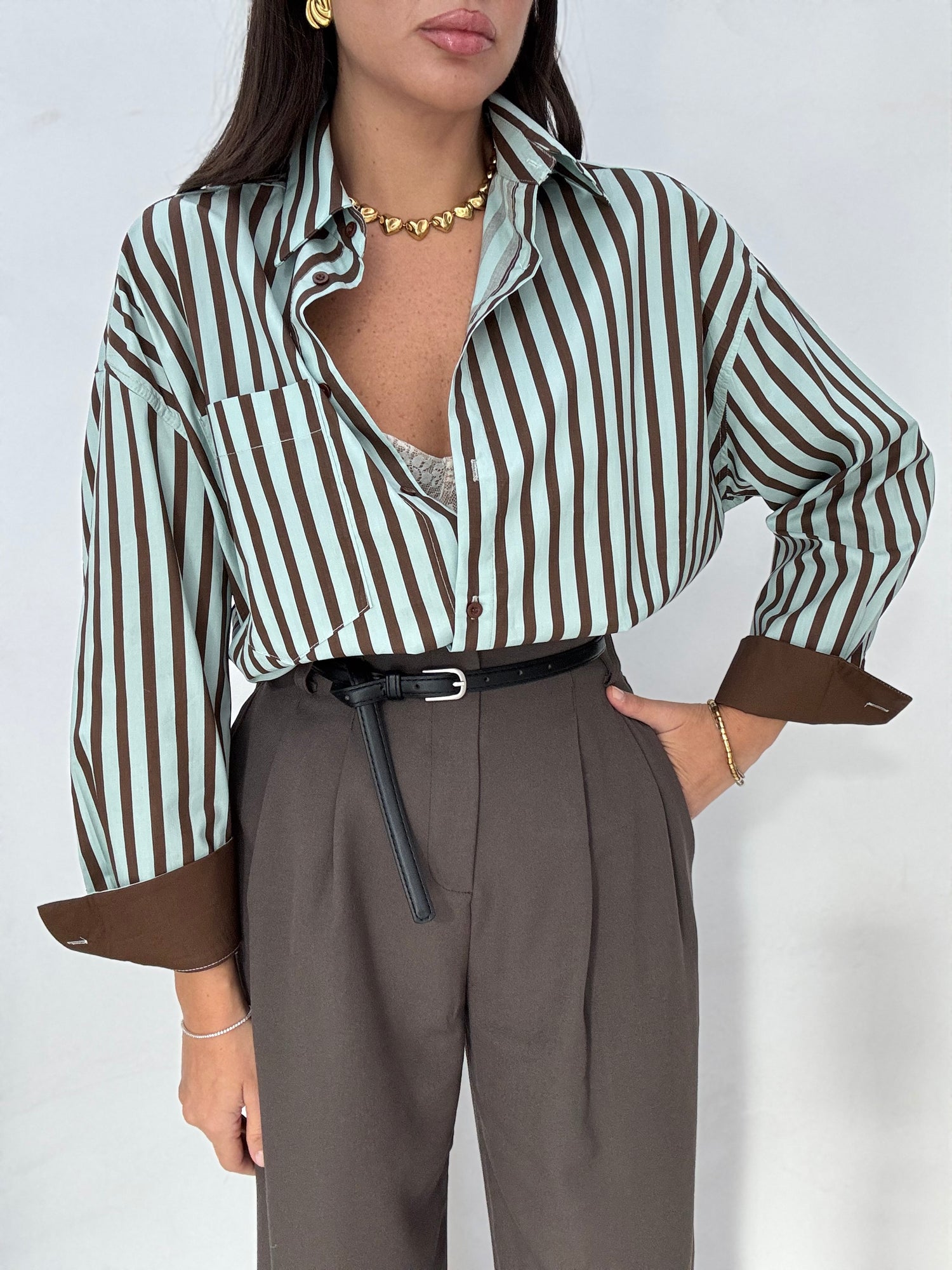 Camicia ‘100% COTONE’ Righe Verde e Cacao
