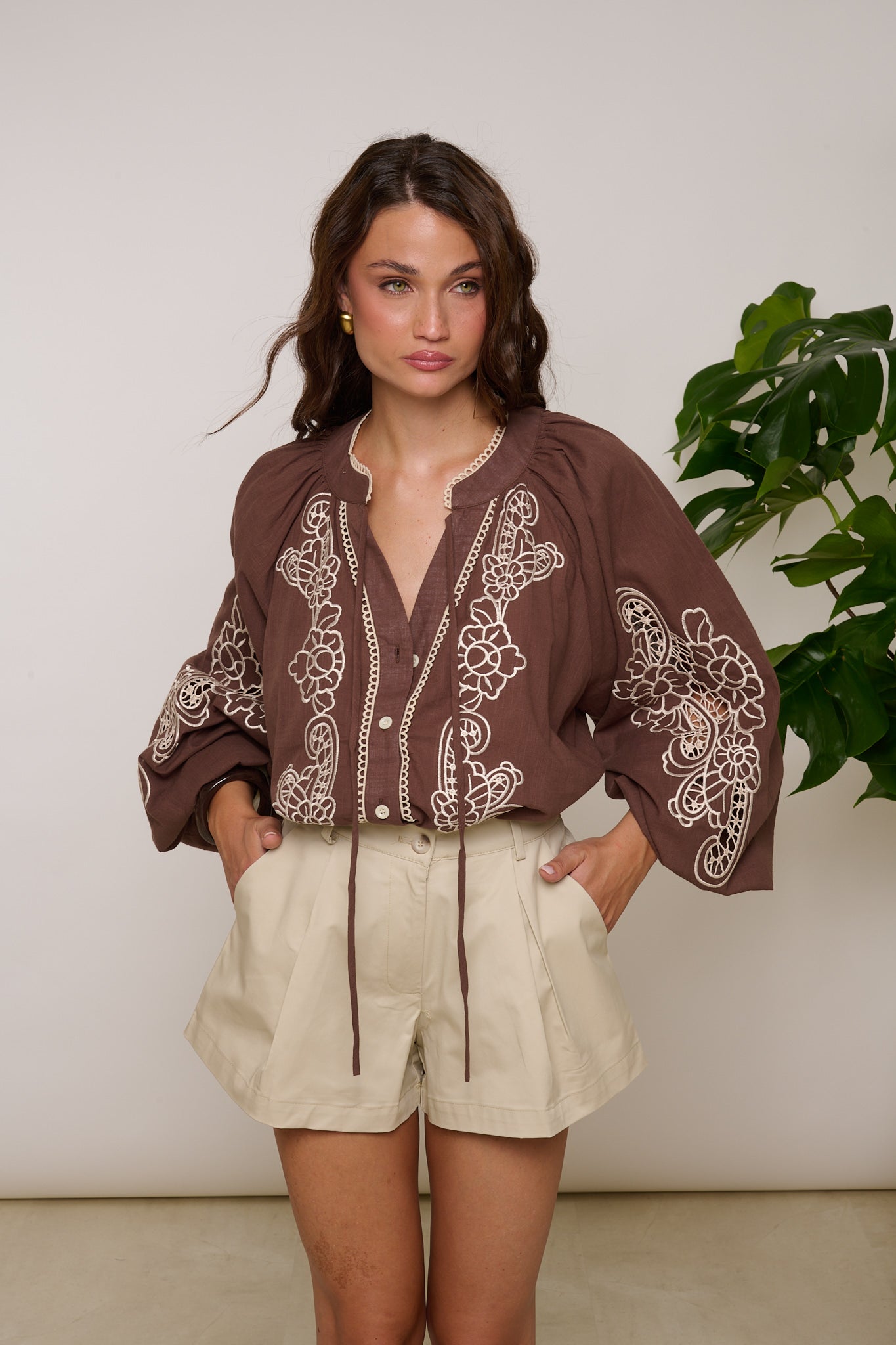 Blusa ‘RICAMI’ 100% COTONE Cacao