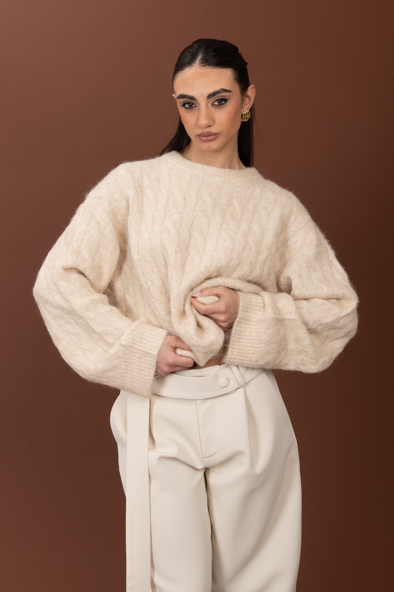 Maglione ‘TRECCE’ 7%lana Panna