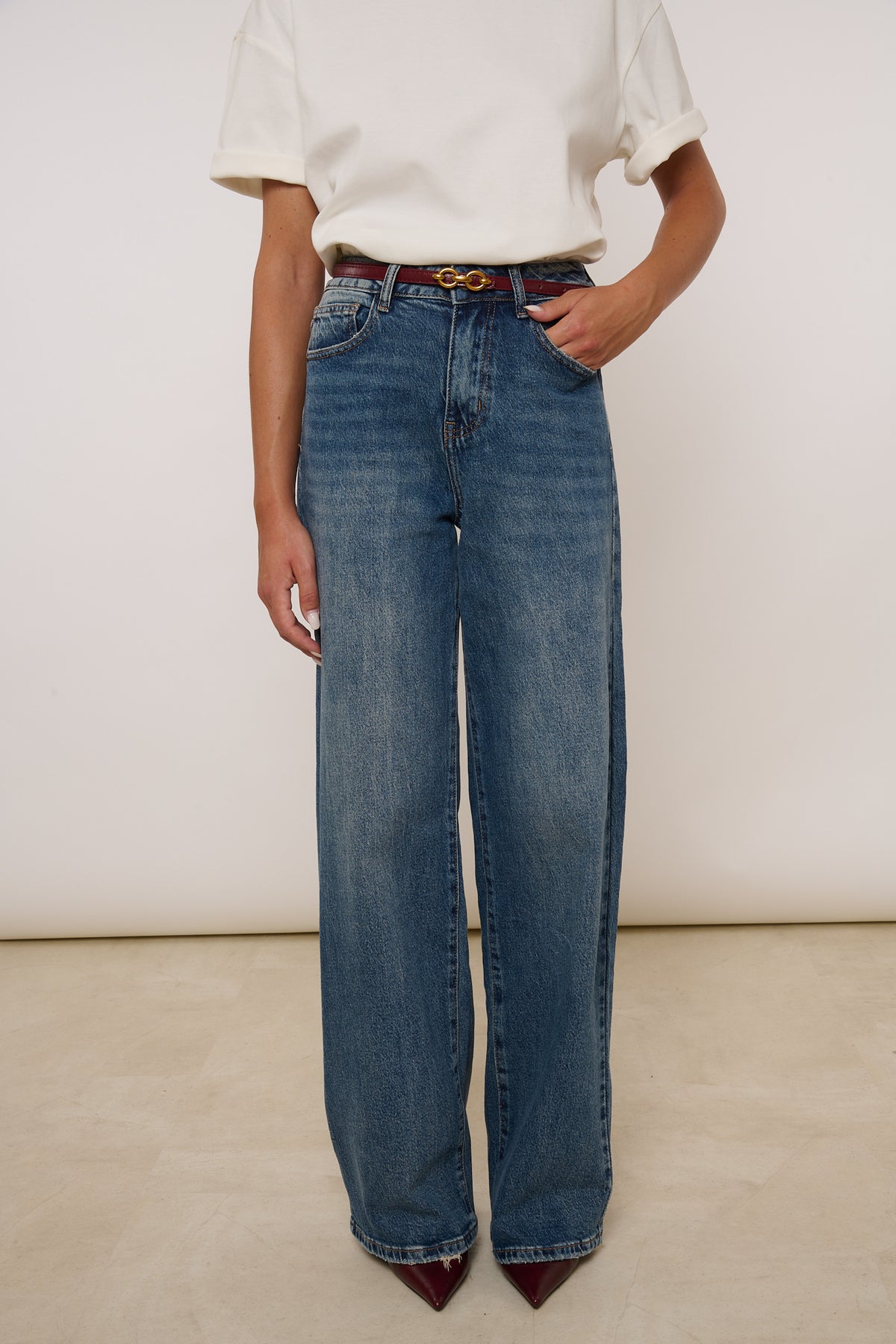 Jeans ‘WIDE LEG+CINTURA BORDEAUX’ Denim Scuro