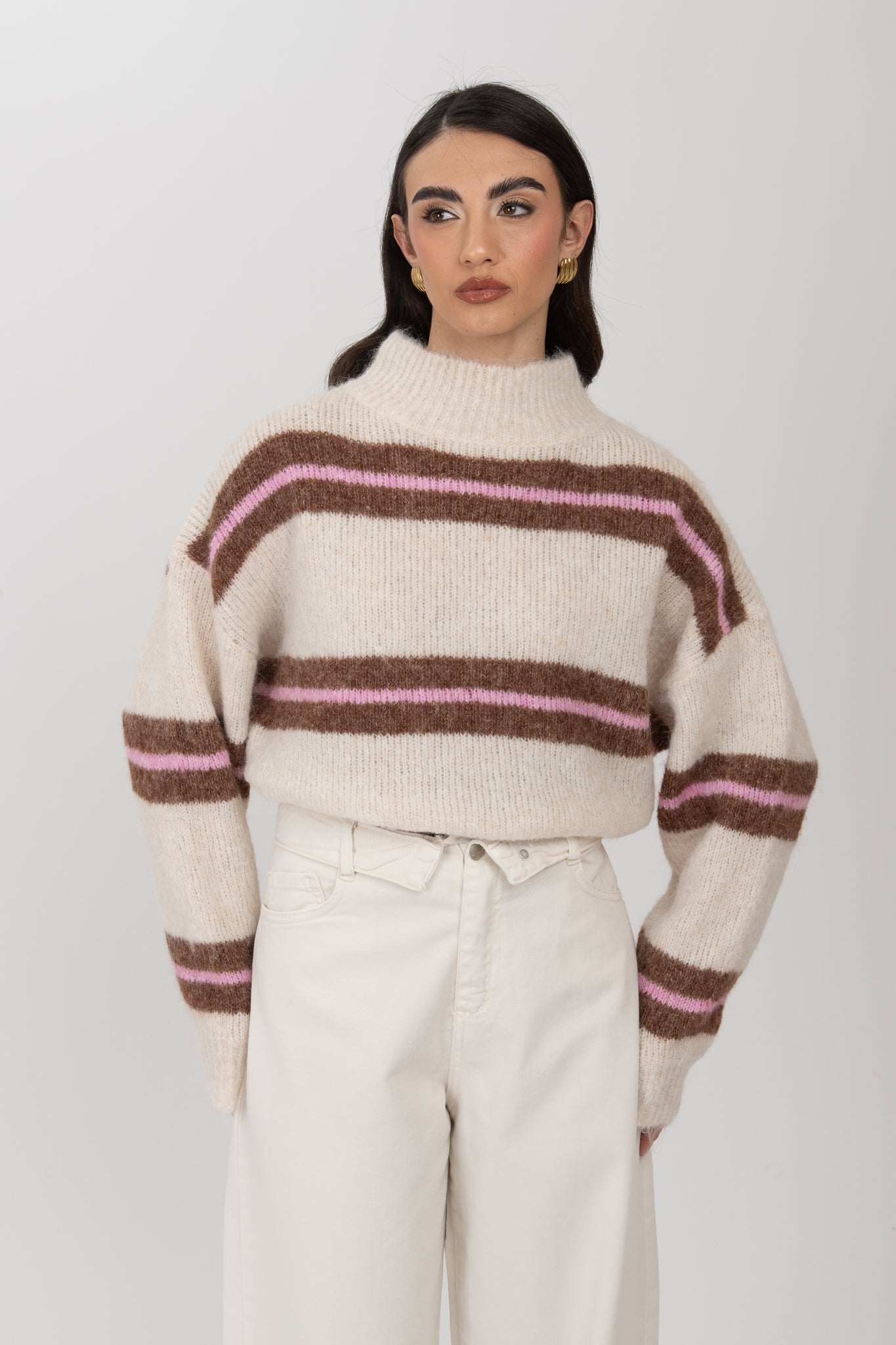 Maglione ‘9% LANA Mezzo Collo’ Panna Cacao e Rosa