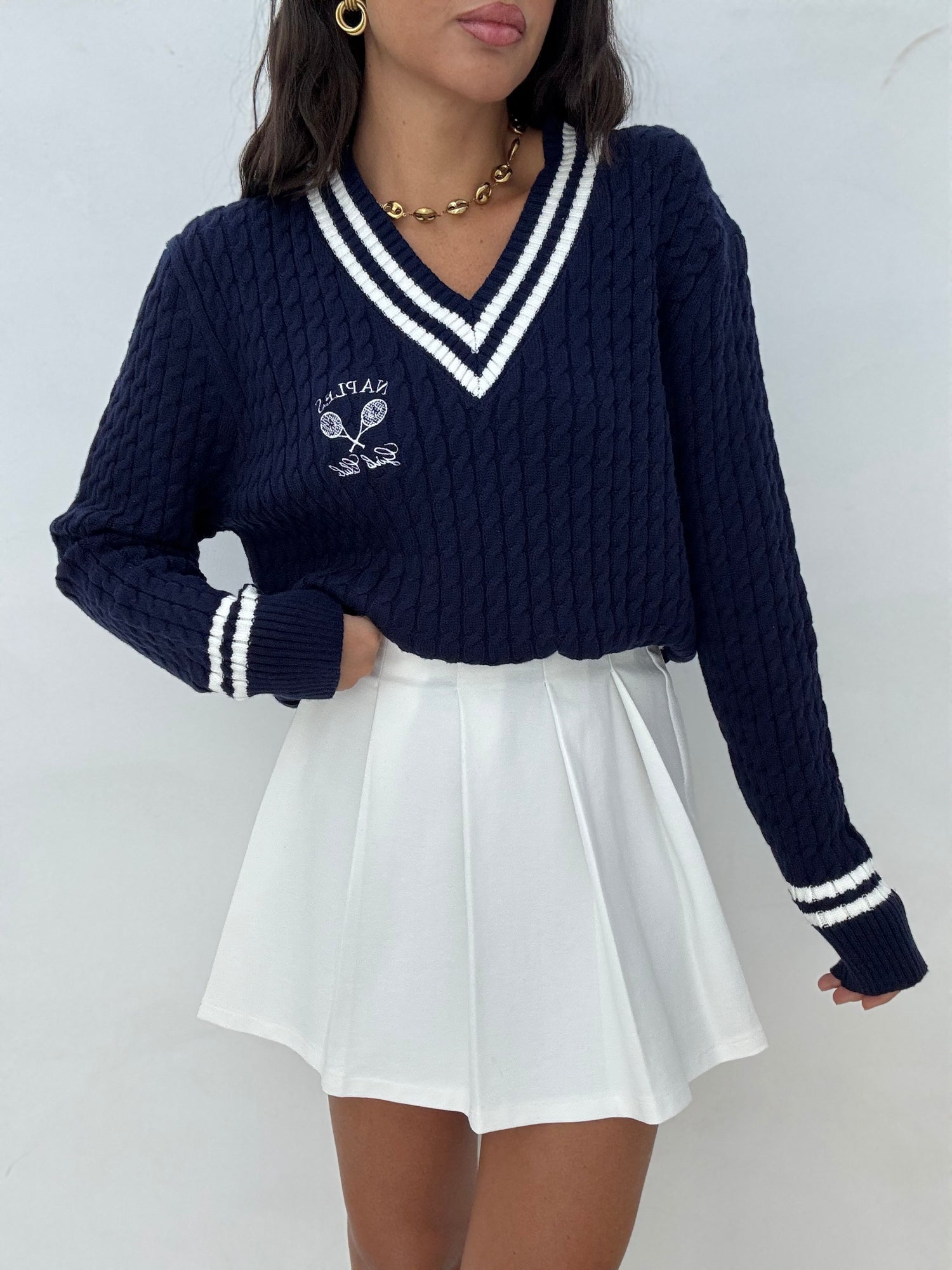 Maglione ‘TRECCIA’ scollo V 3&33 Blu Notte righe Bianche
