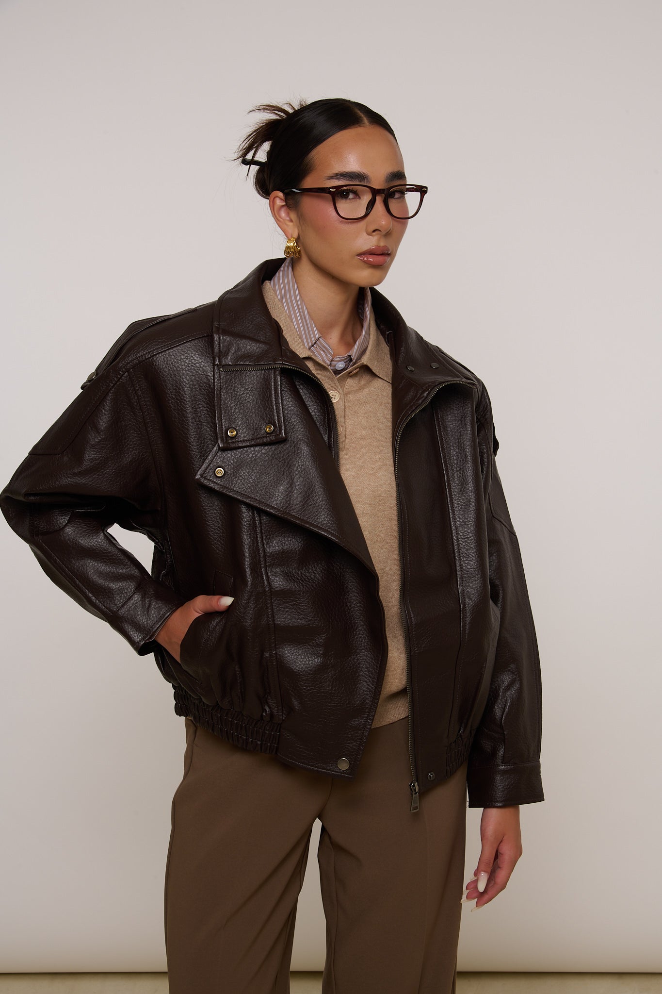 Chiodo/Bomber ‘COLLO ALTO’ ecopelle Cacao