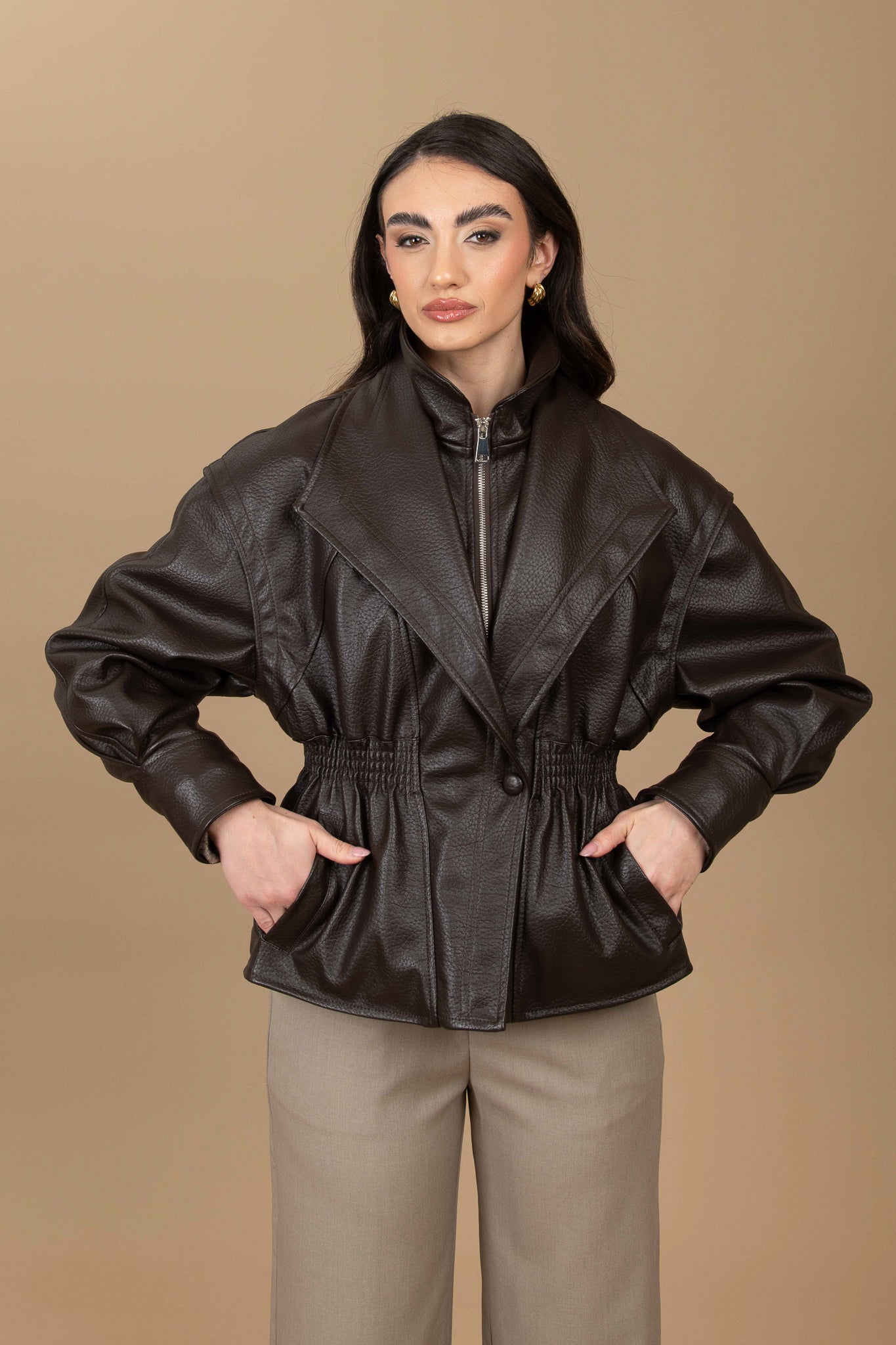 Chiodo ecopelle ‘COULISSE IN VITA’  Cacao