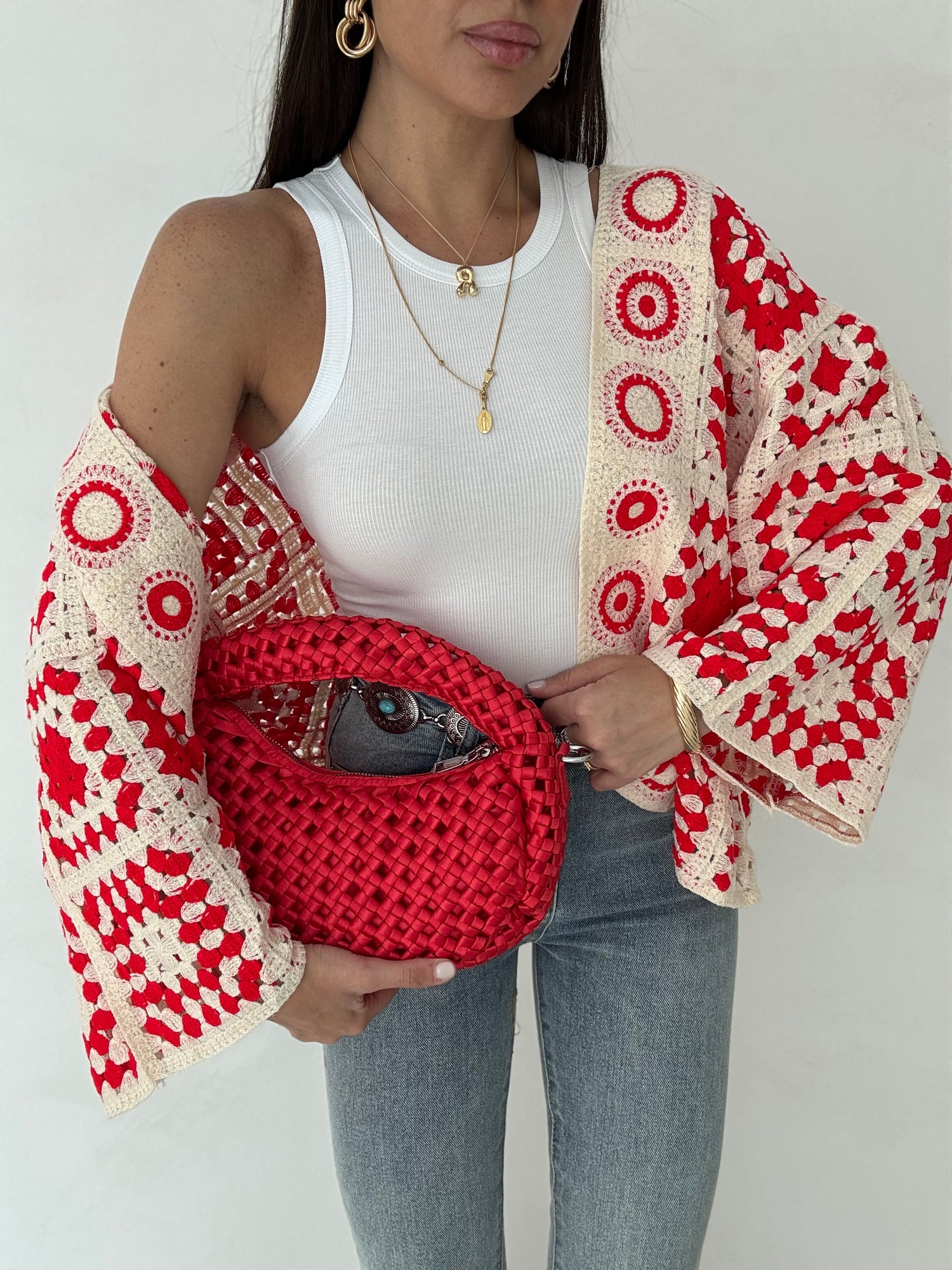 Cardigan ‘CROCHET’ Rosso e Panna