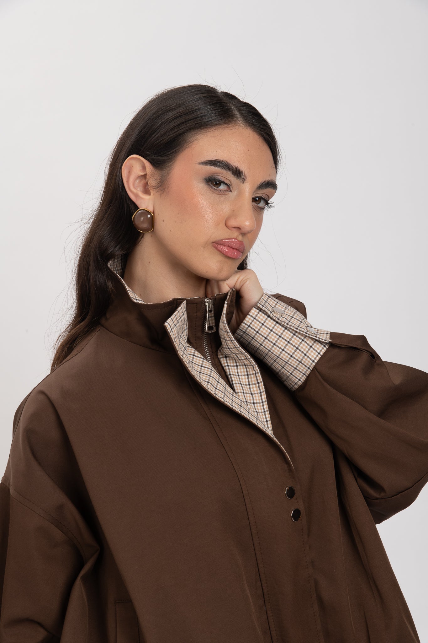 Bomber ‘COLLO ALTO DETTAGLI TARTAN’ Cacao