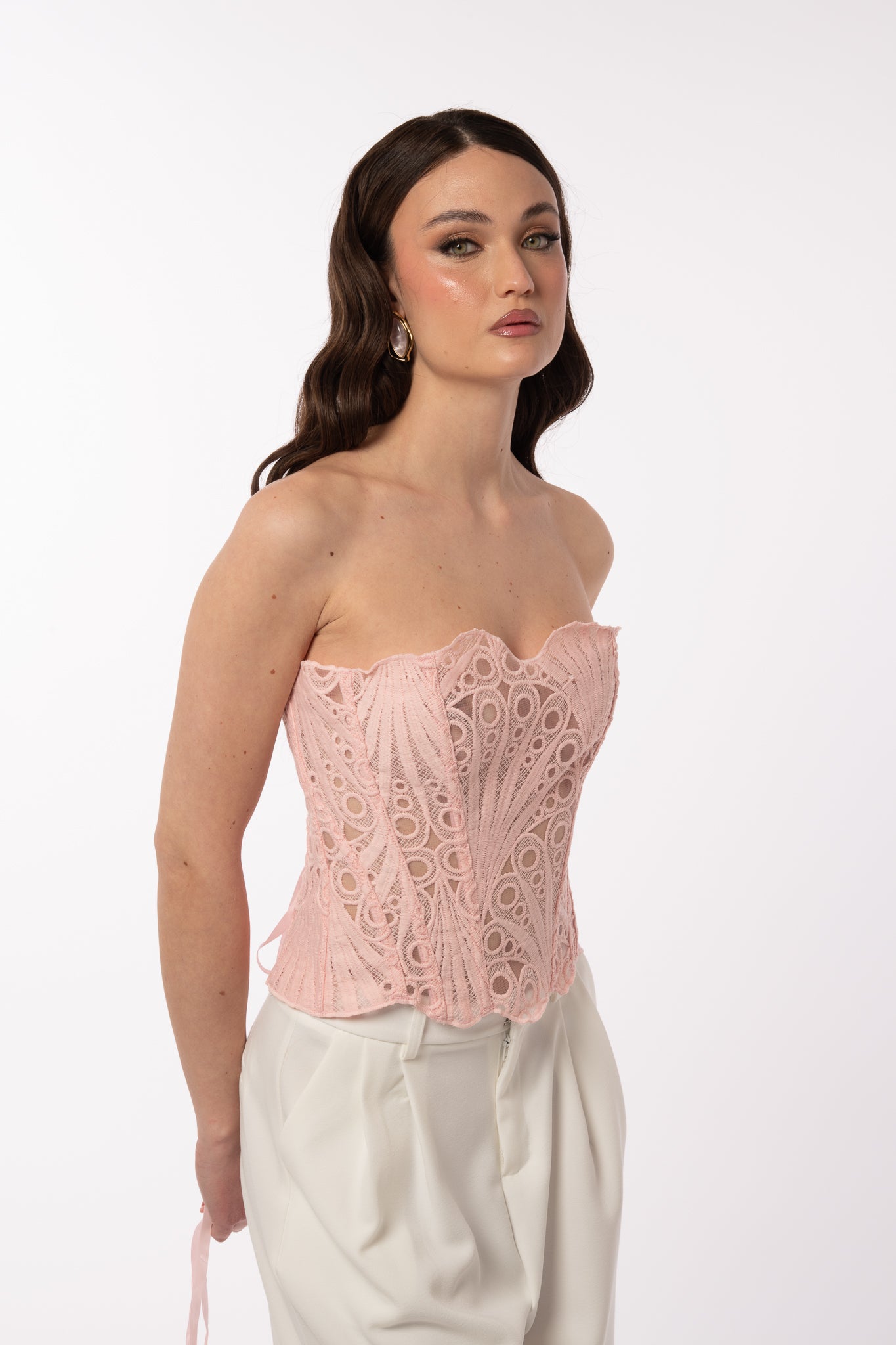 Corpetto ‘RICAMI’ con stringhe Rosa