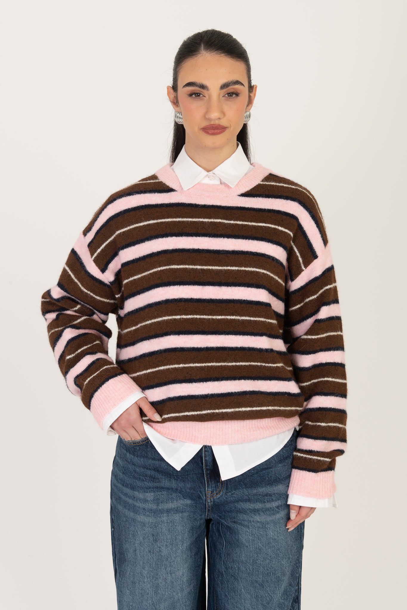 Maglione ‘RIGHE’ 10% LANA Rosa e Cacao